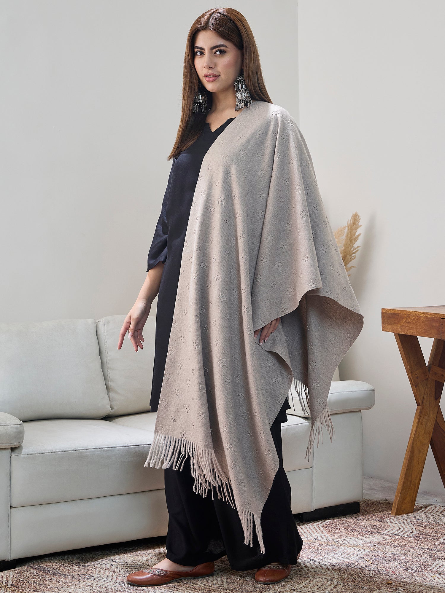 Grey Embossed Flower Shawl