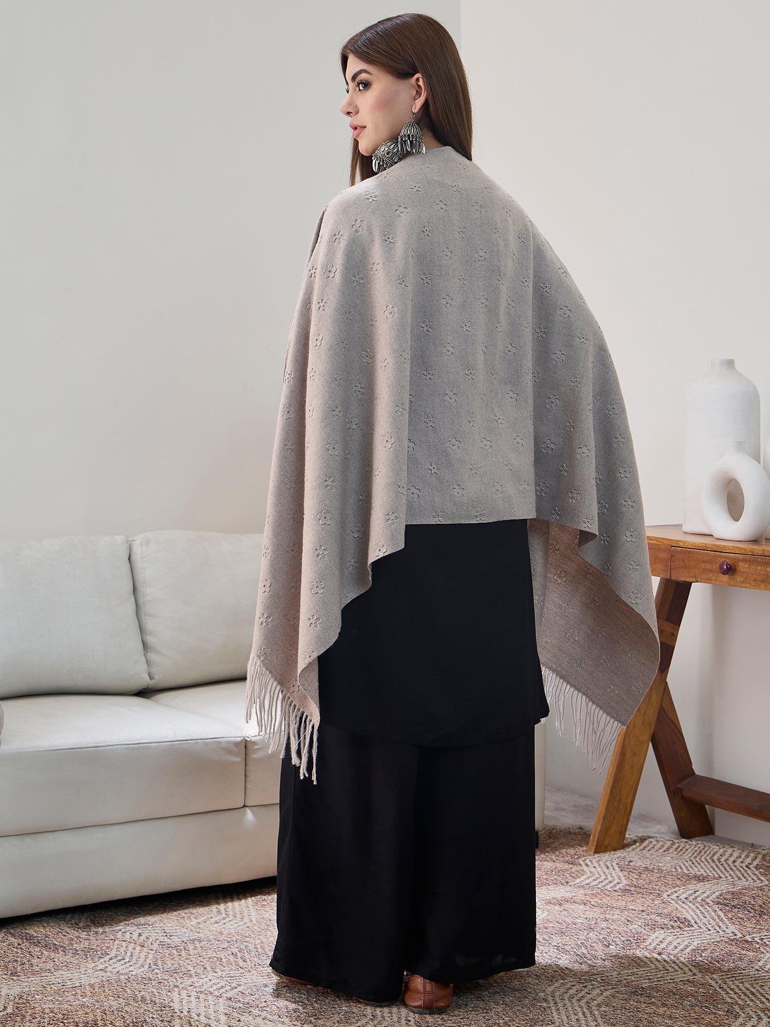 Grey Embossed Flower Shawl