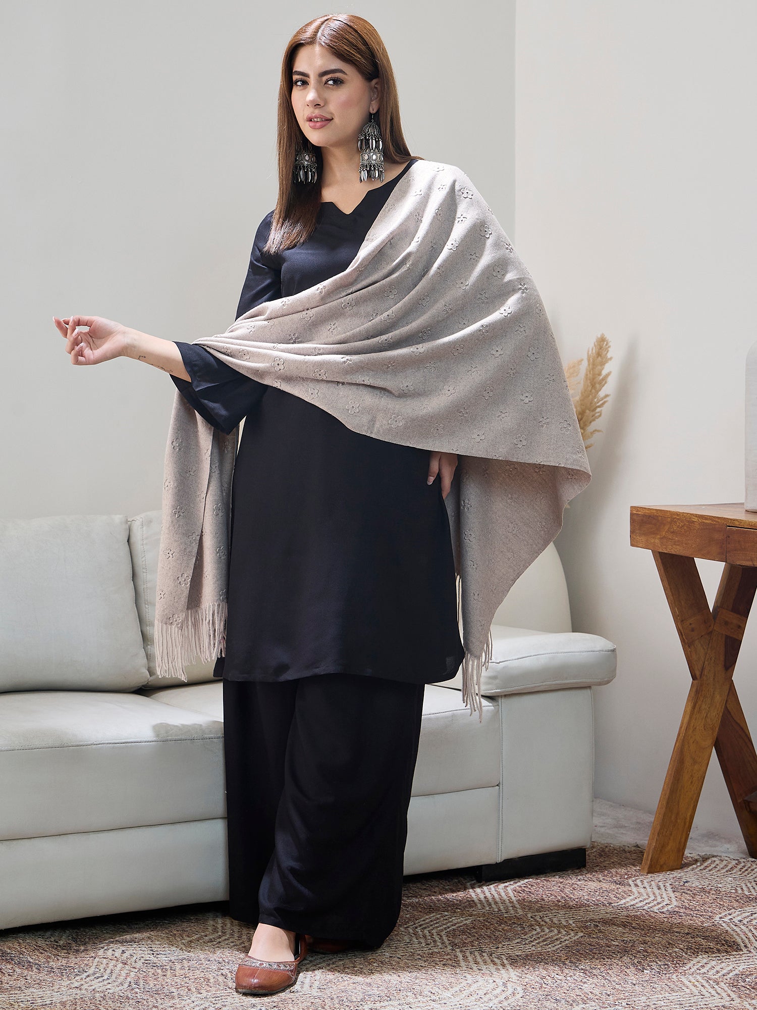 Grey Embossed Flower Shawl