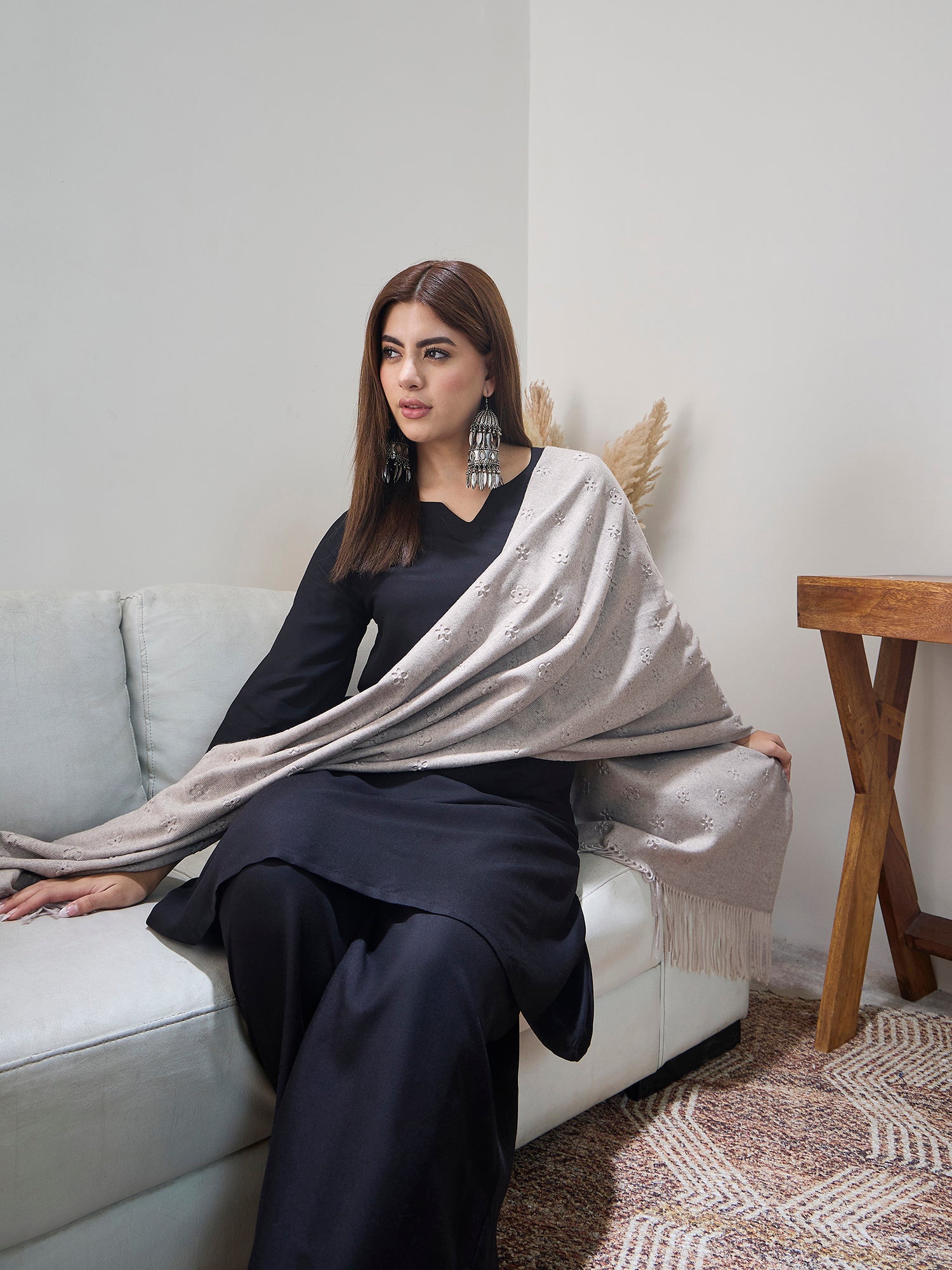 Grey Embossed Flower Shawl