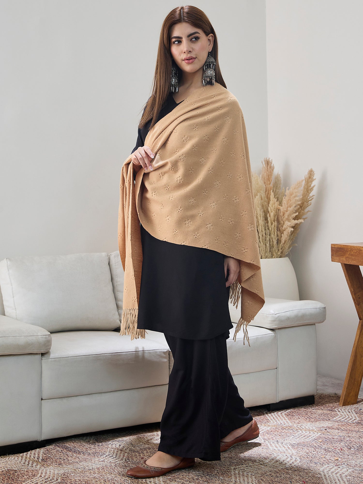 Beige Embossed Flower Shawl