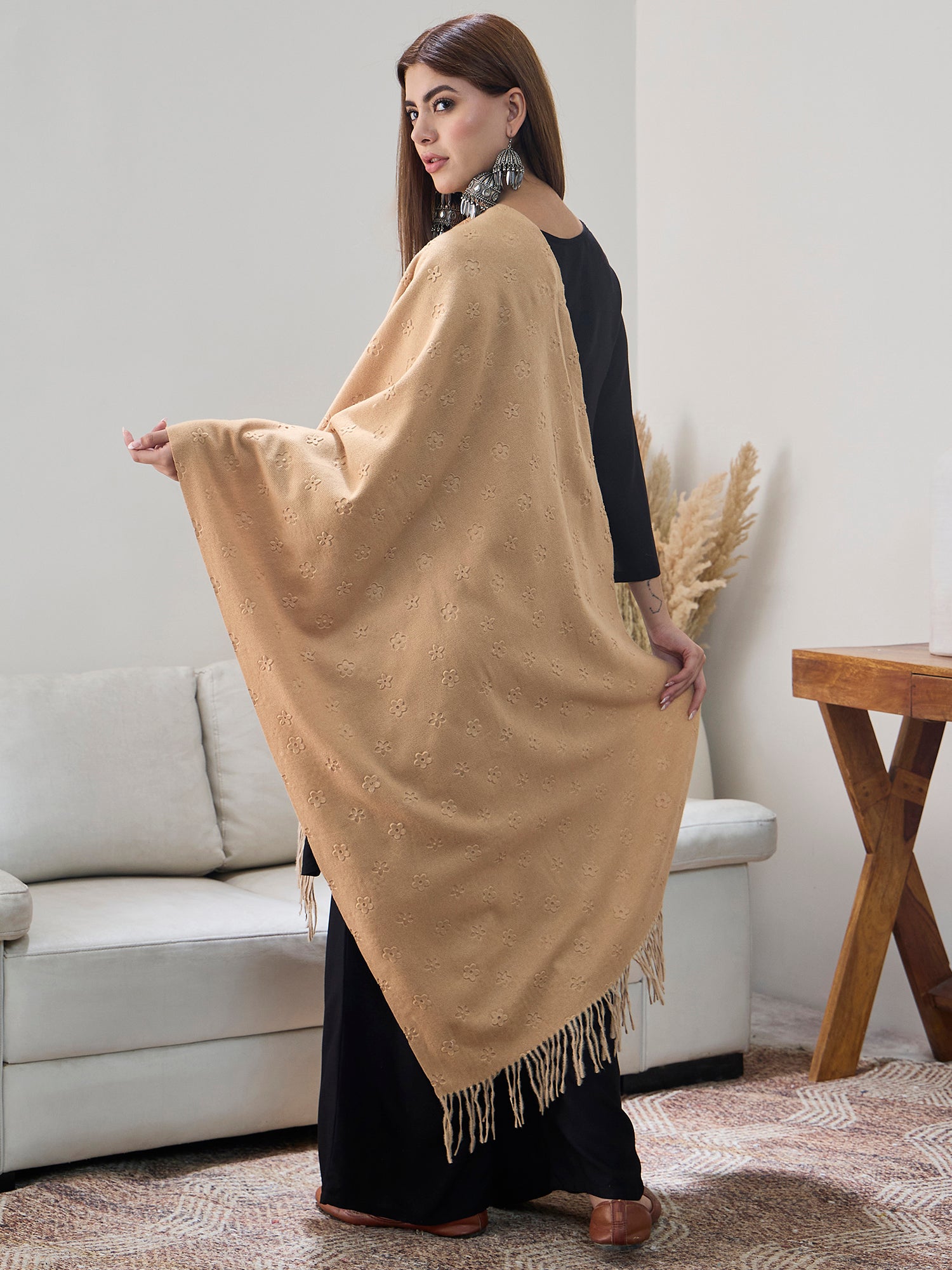 Beige Embossed Flower Shawl