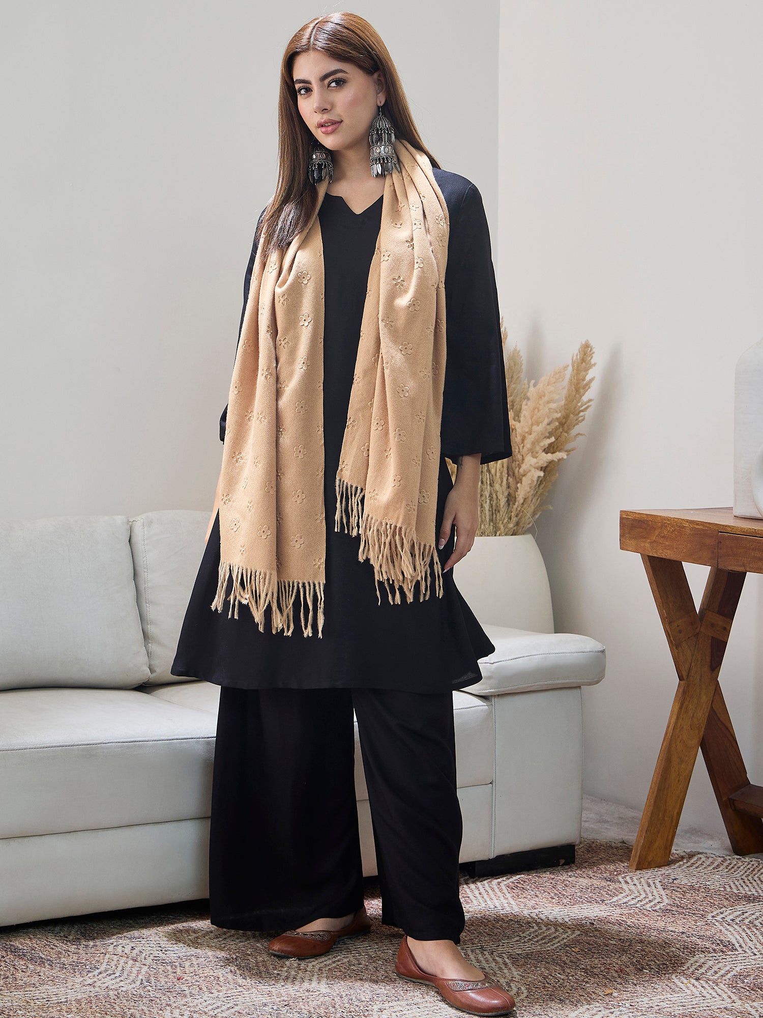 Beige Embossed Flower Shawl