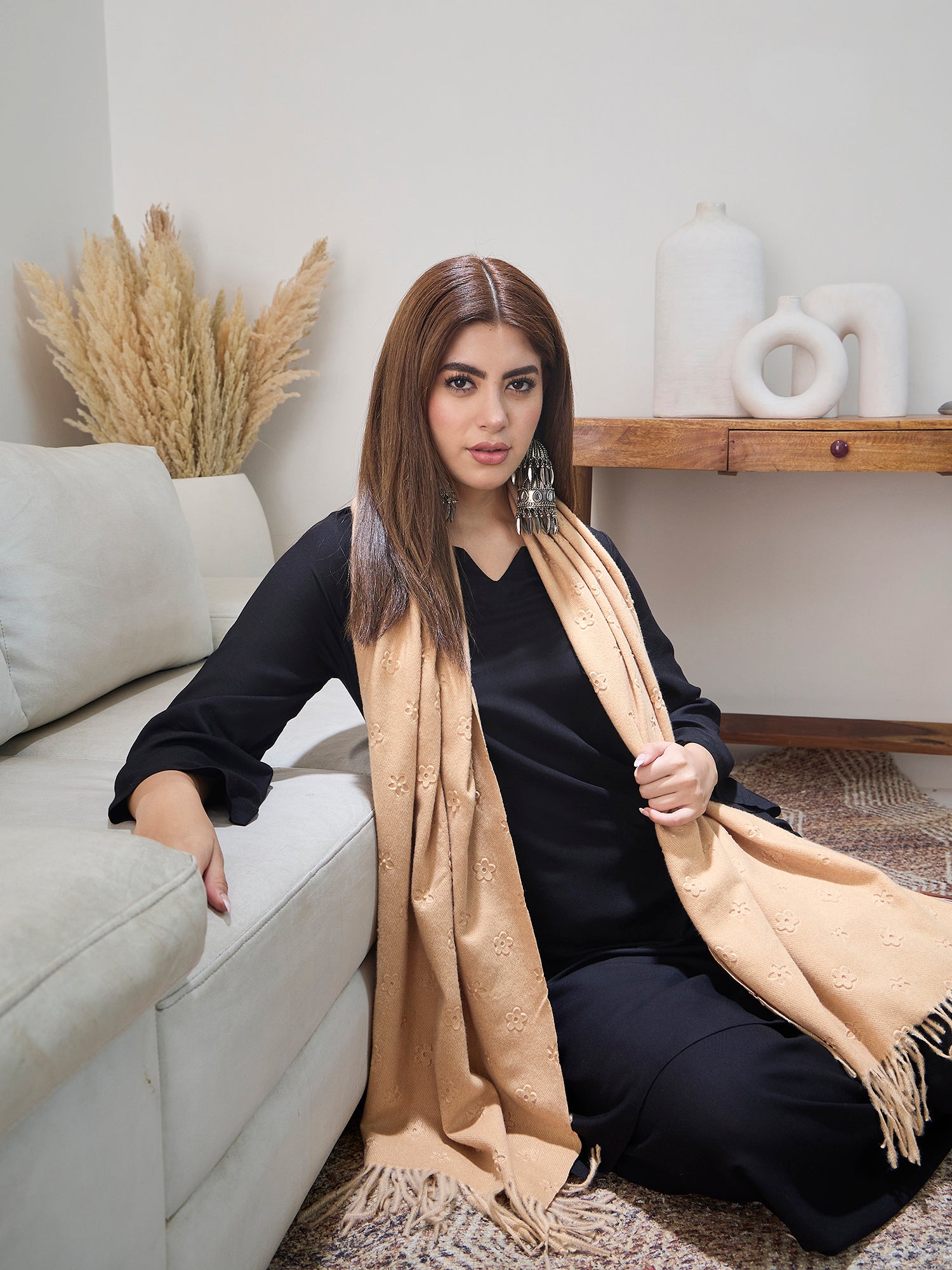 Beige Embossed Flower Shawl