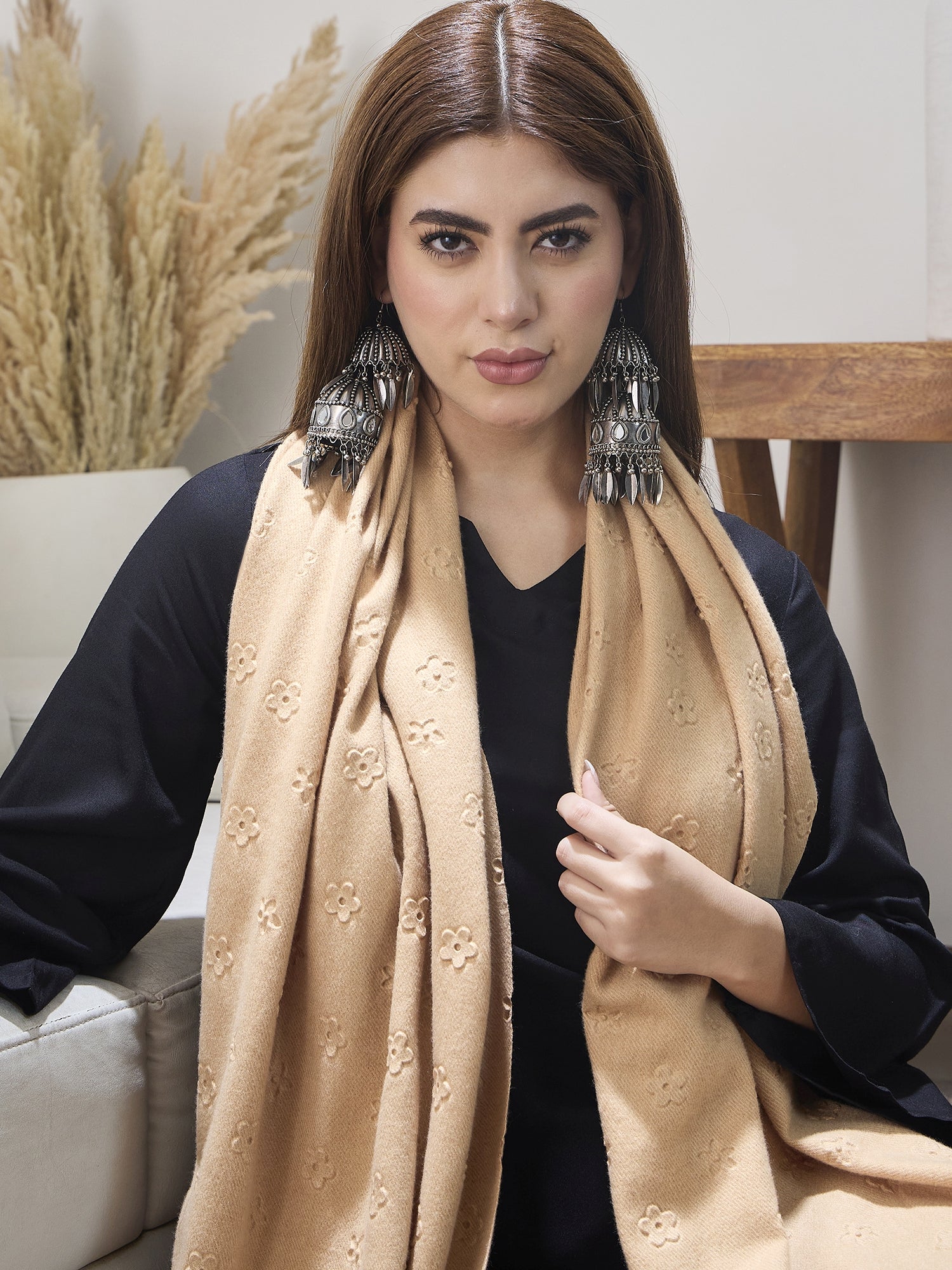Beige Embossed Flower Shawl
