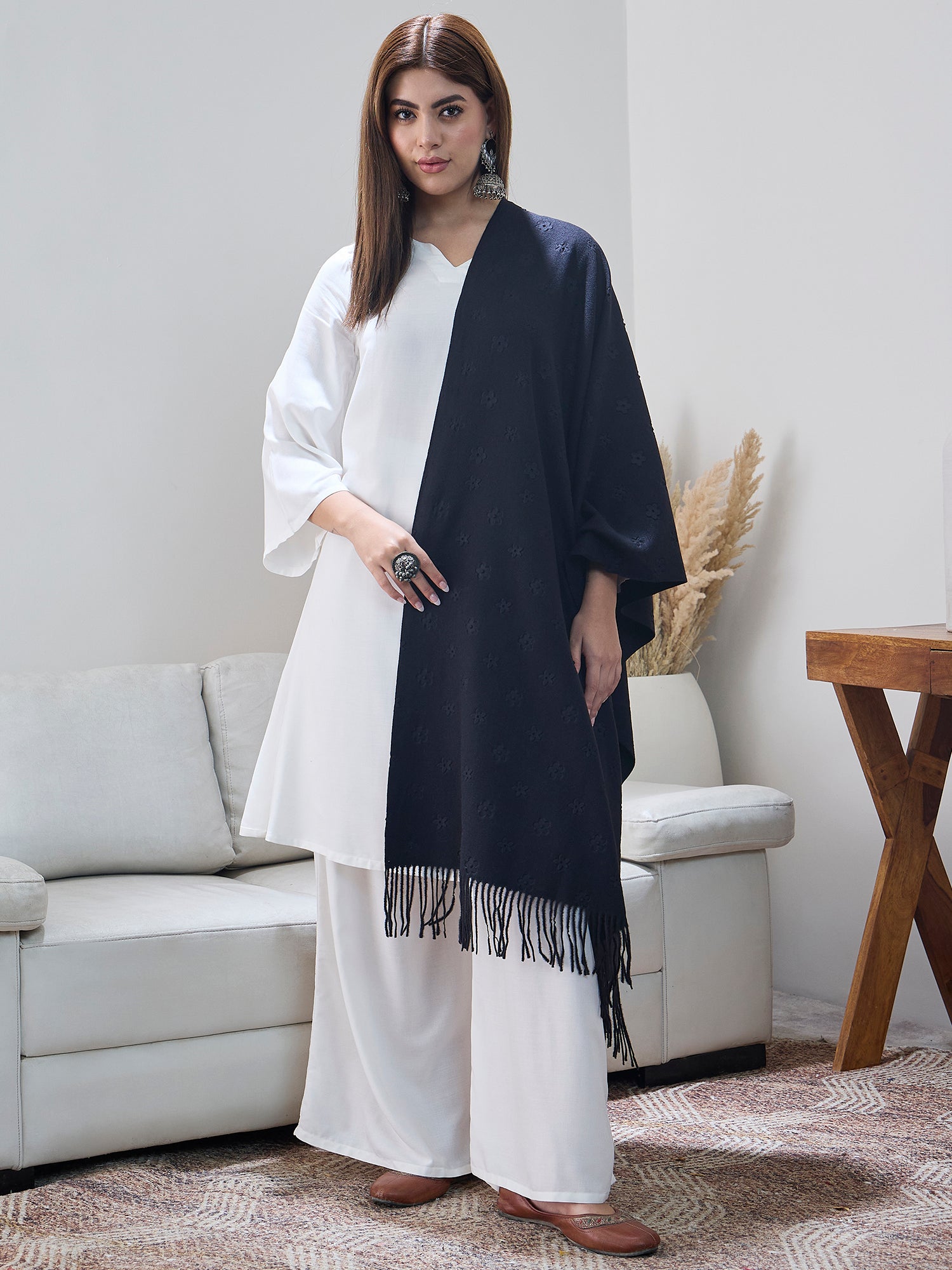 Black Embossed Flower Shawl