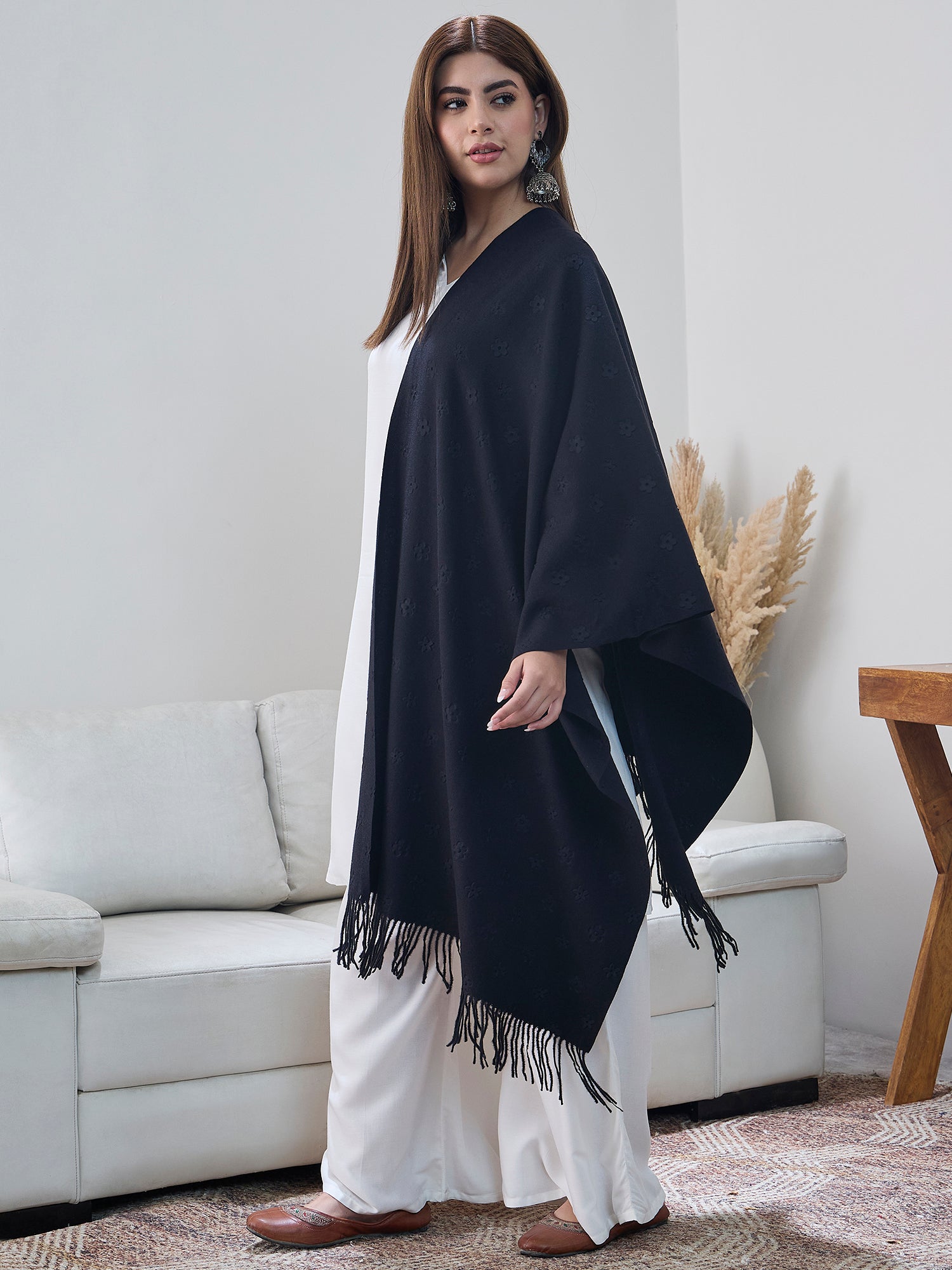 Black Embossed Flower Shawl