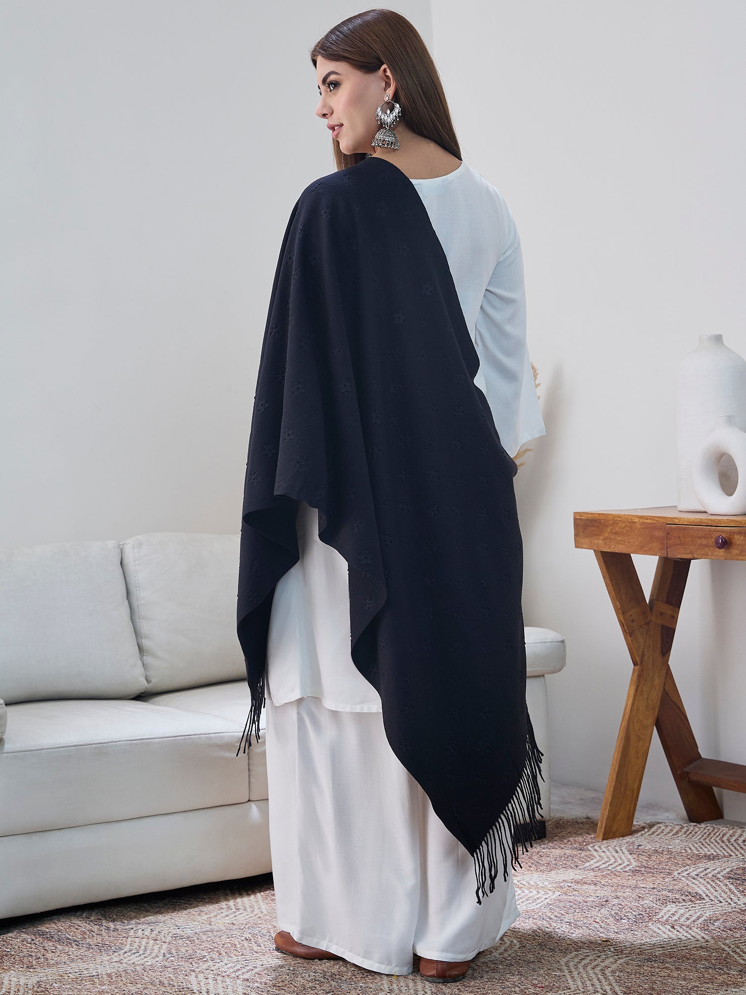 Black Embossed Flower Shawl