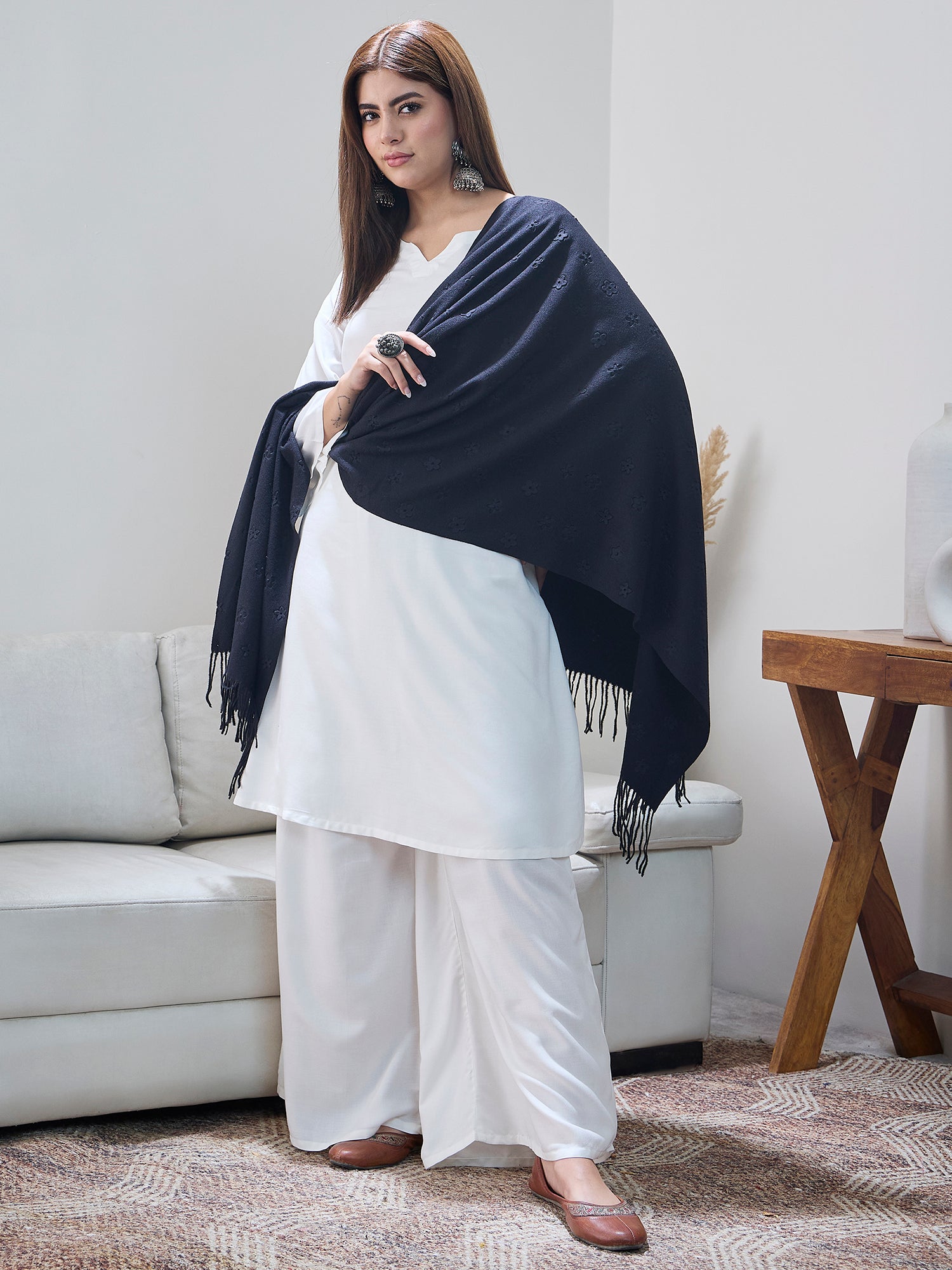 Black Embossed Flower Shawl