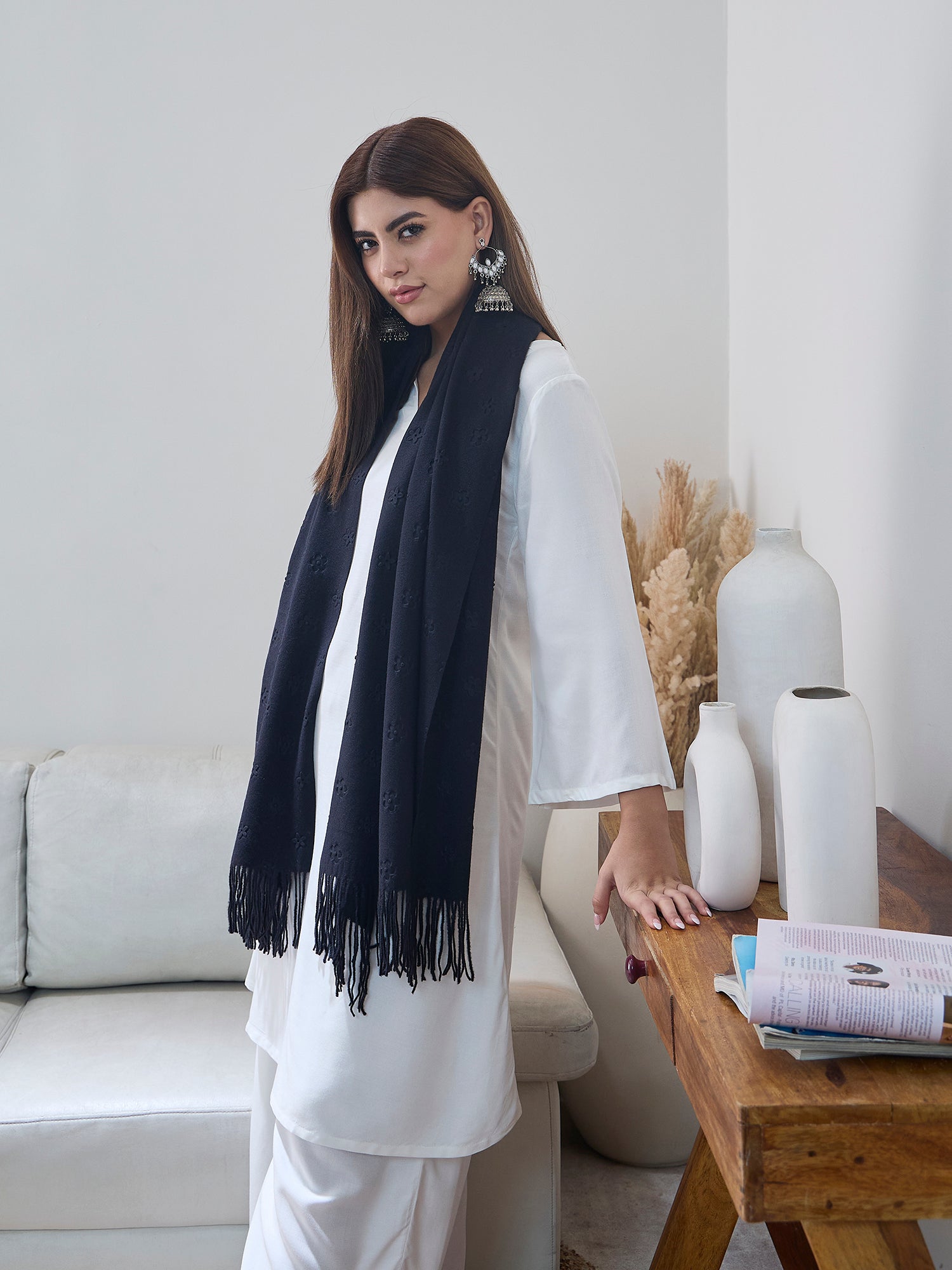 Black Embossed Flower Shawl