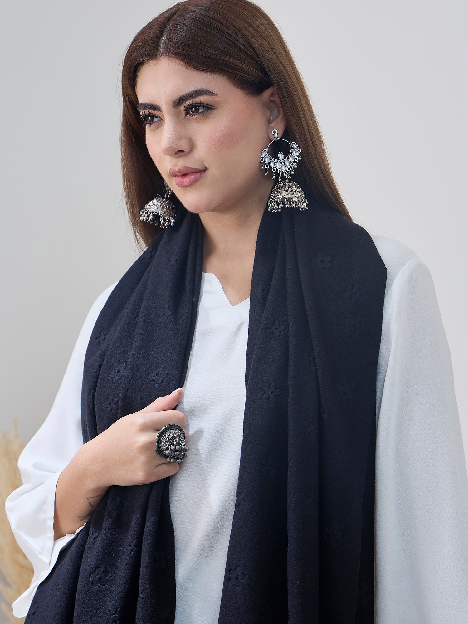 Black Embossed Flower Shawl