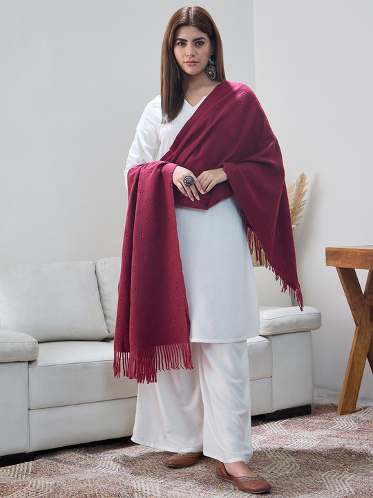 Maroon Embossed Flower Shawl