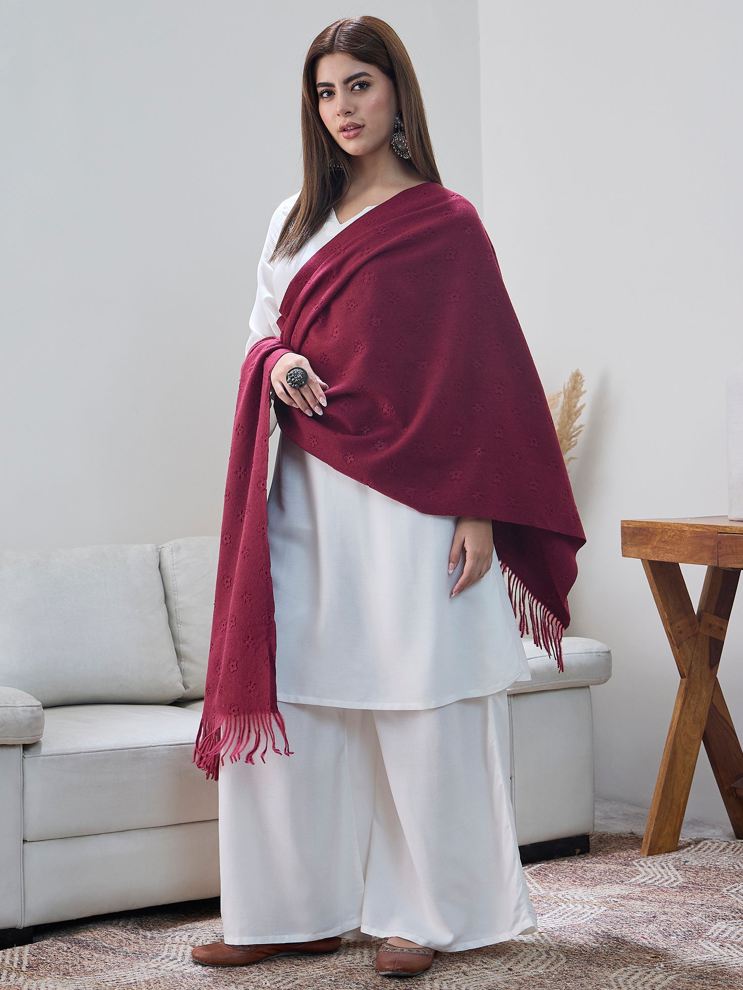 Maroon Embossed Flower Shawl