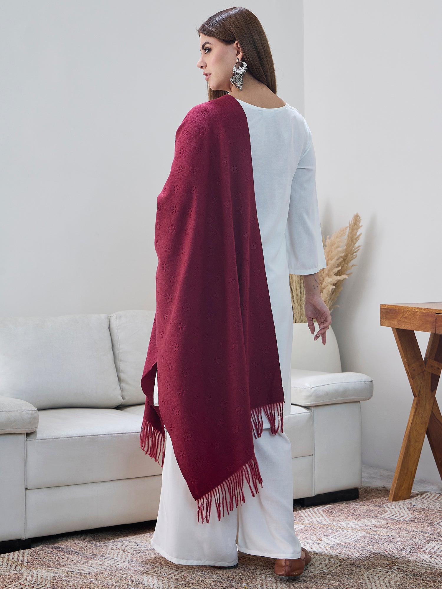 Maroon Embossed Flower Shawl