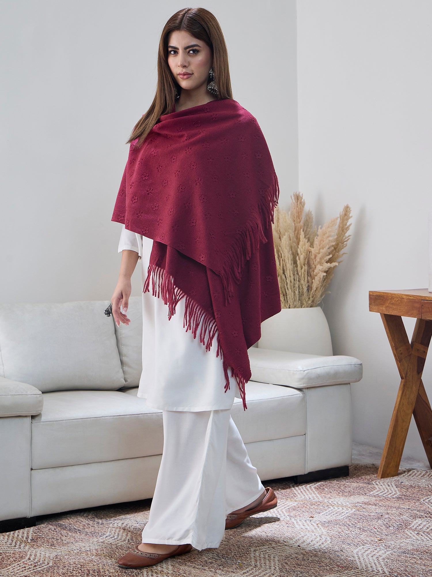 Maroon Embossed Flower Shawl
