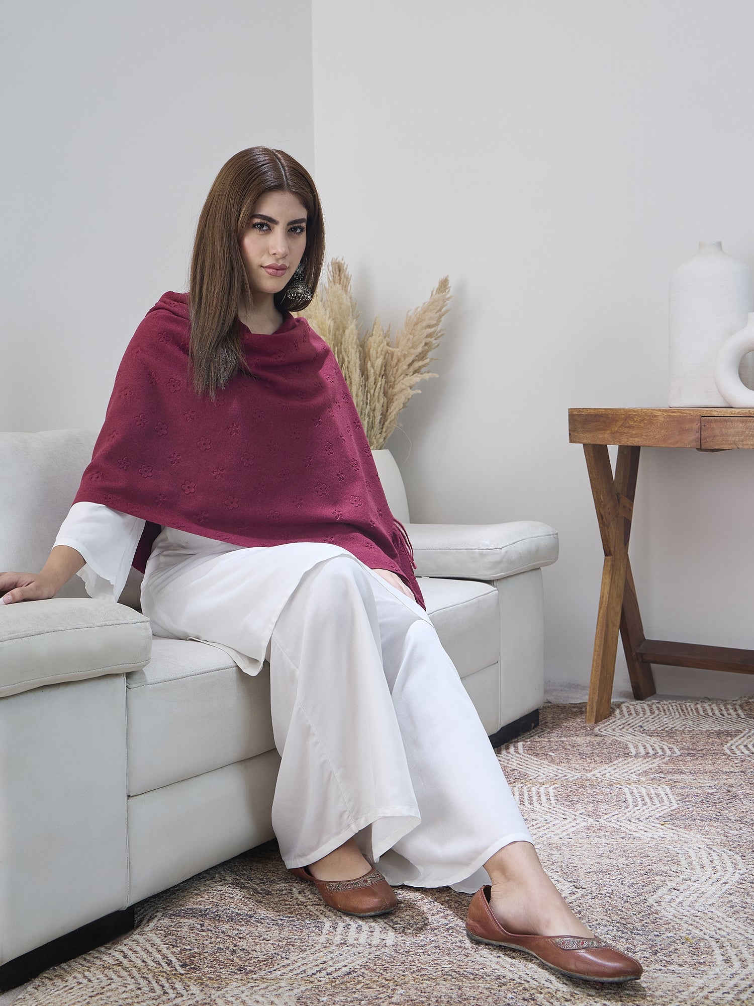 Maroon Embossed Flower Shawl