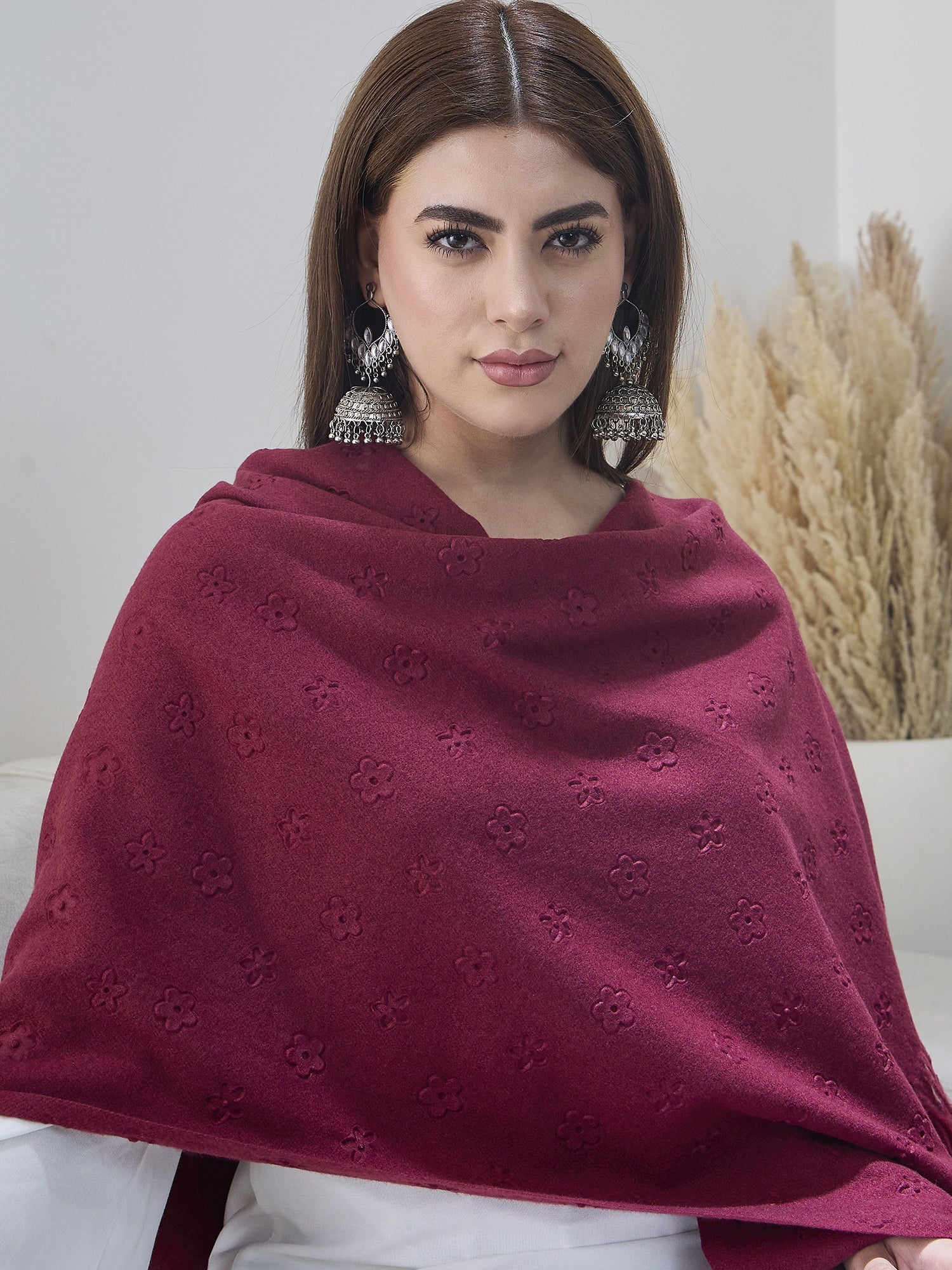 Maroon Embossed Flower Shawl
