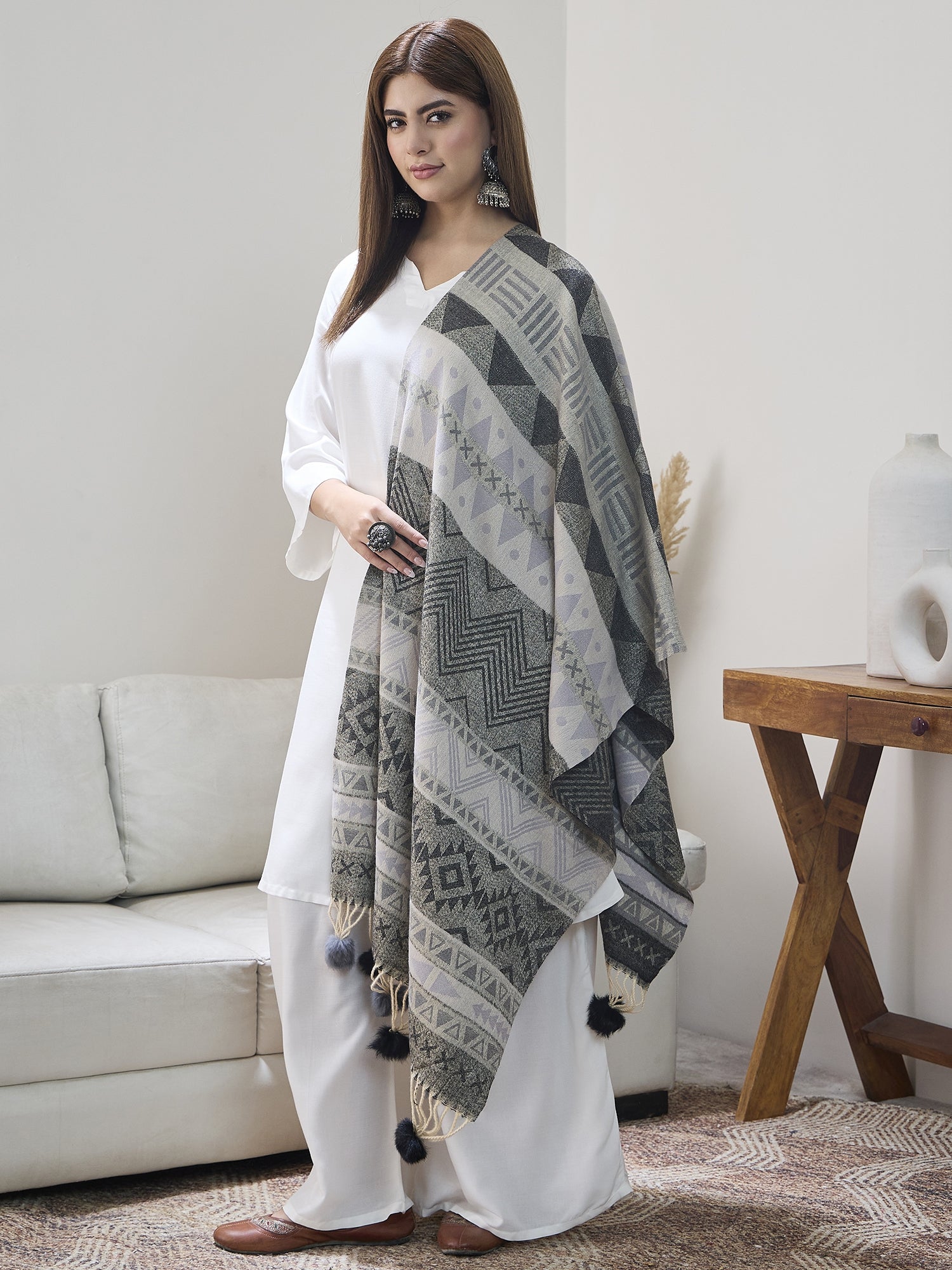 Grey Black Fur Tassel Shawl