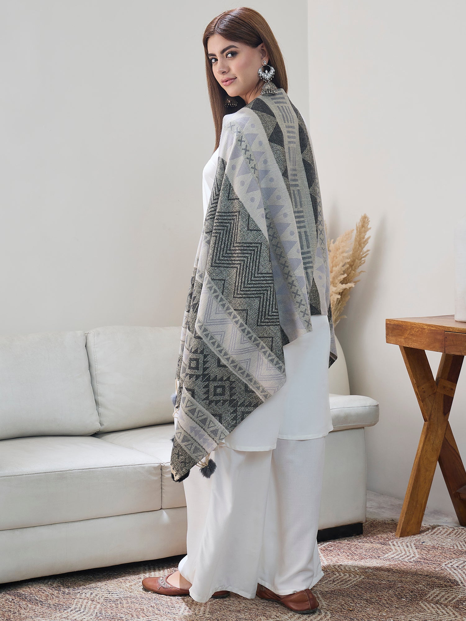 Grey Black Fur Tassel Shawl