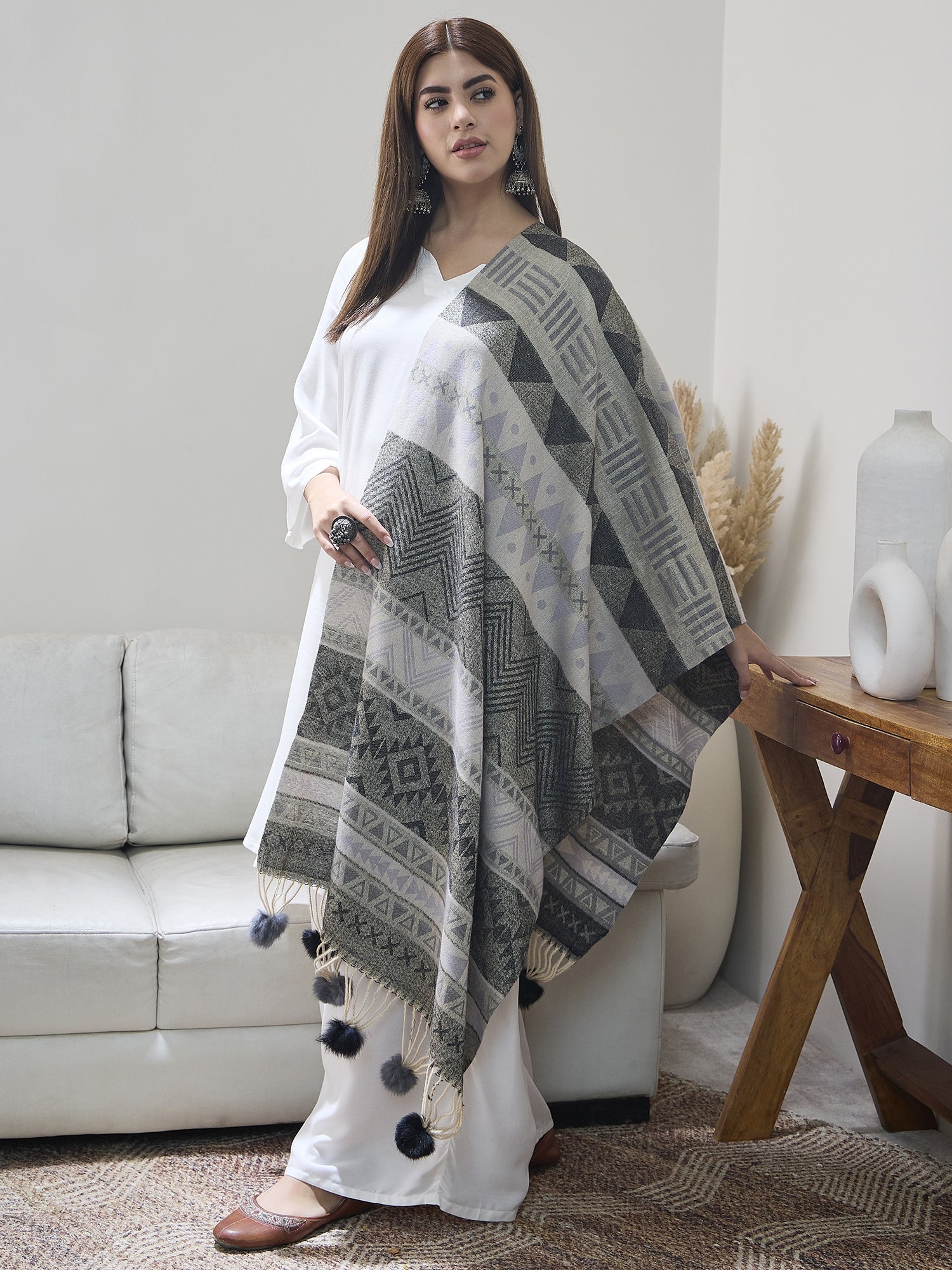 Grey Black Fur Tassel Shawl