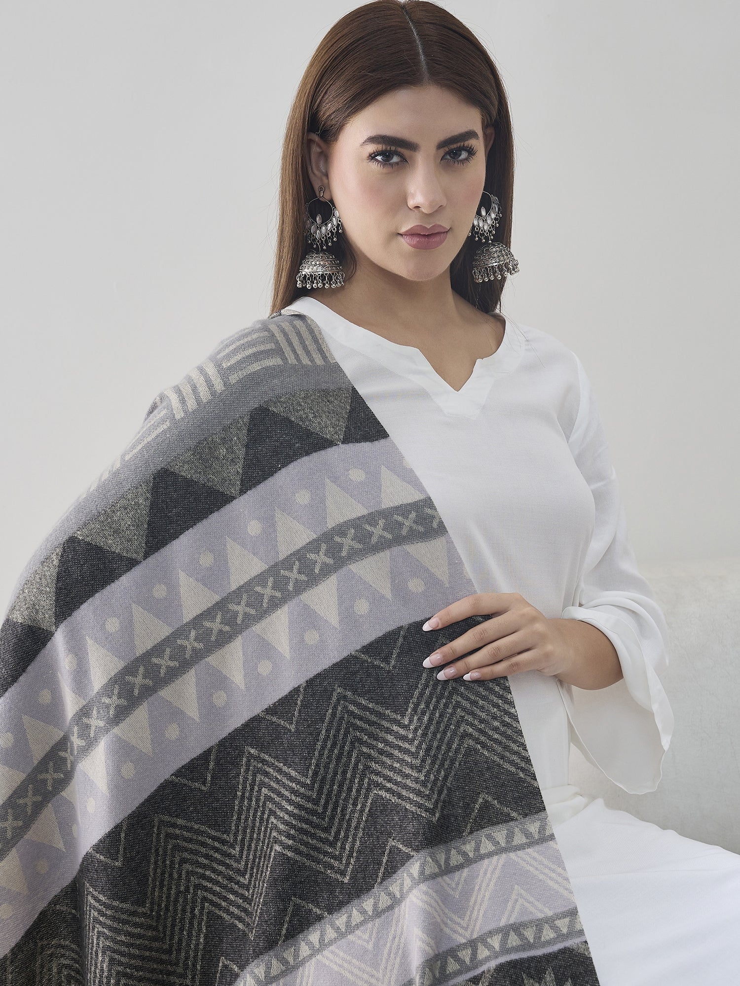 Grey Black Fur Tassel Shawl