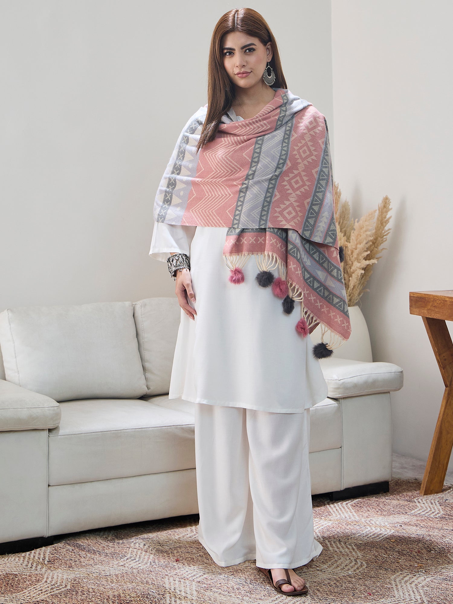 Pink Grey Fur Tassel Shawl