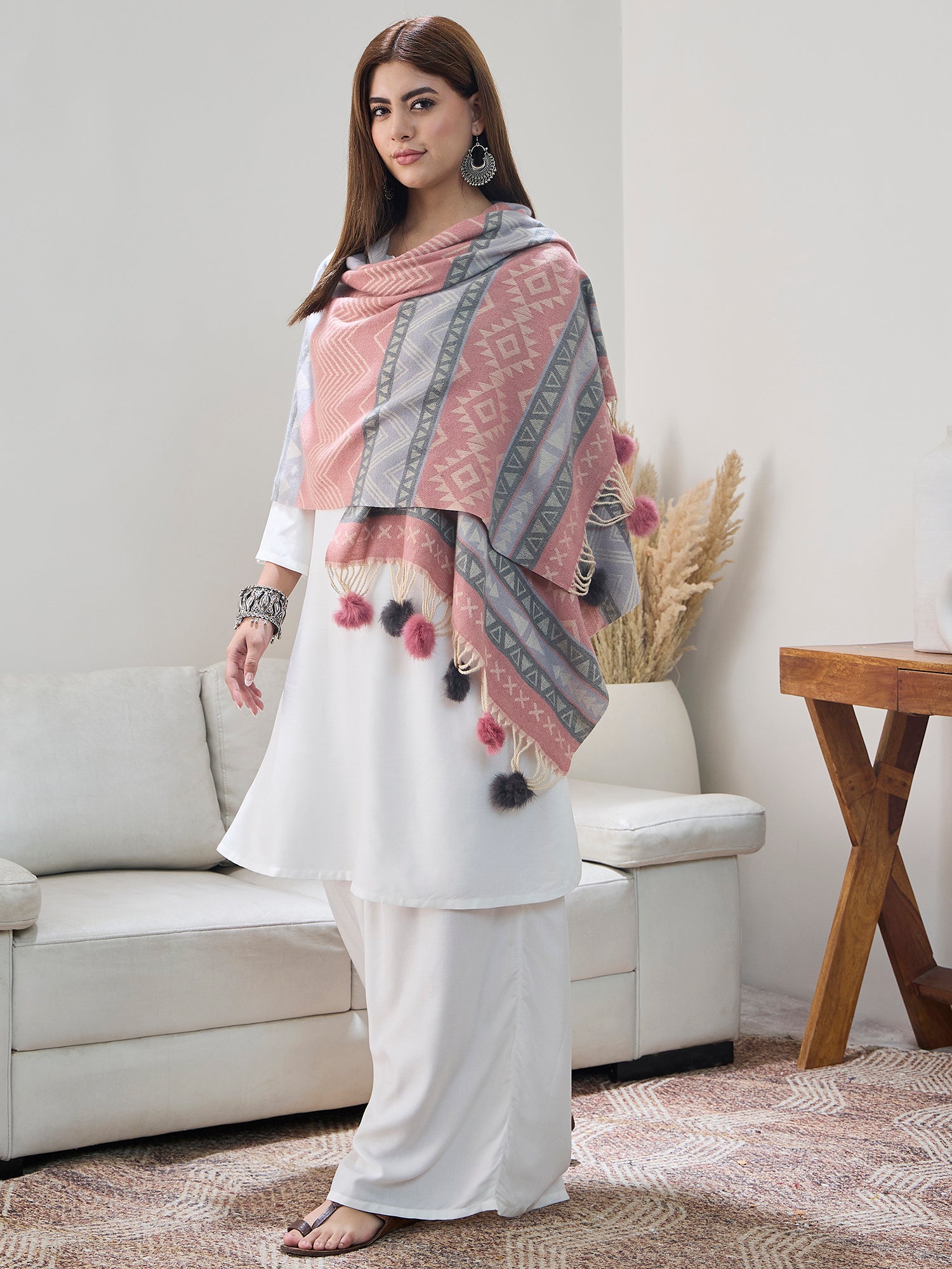 Pink Grey Fur Tassel Shawl