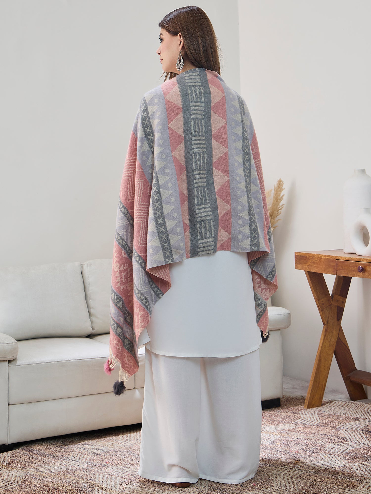 Pink Grey Fur Tassel Shawl