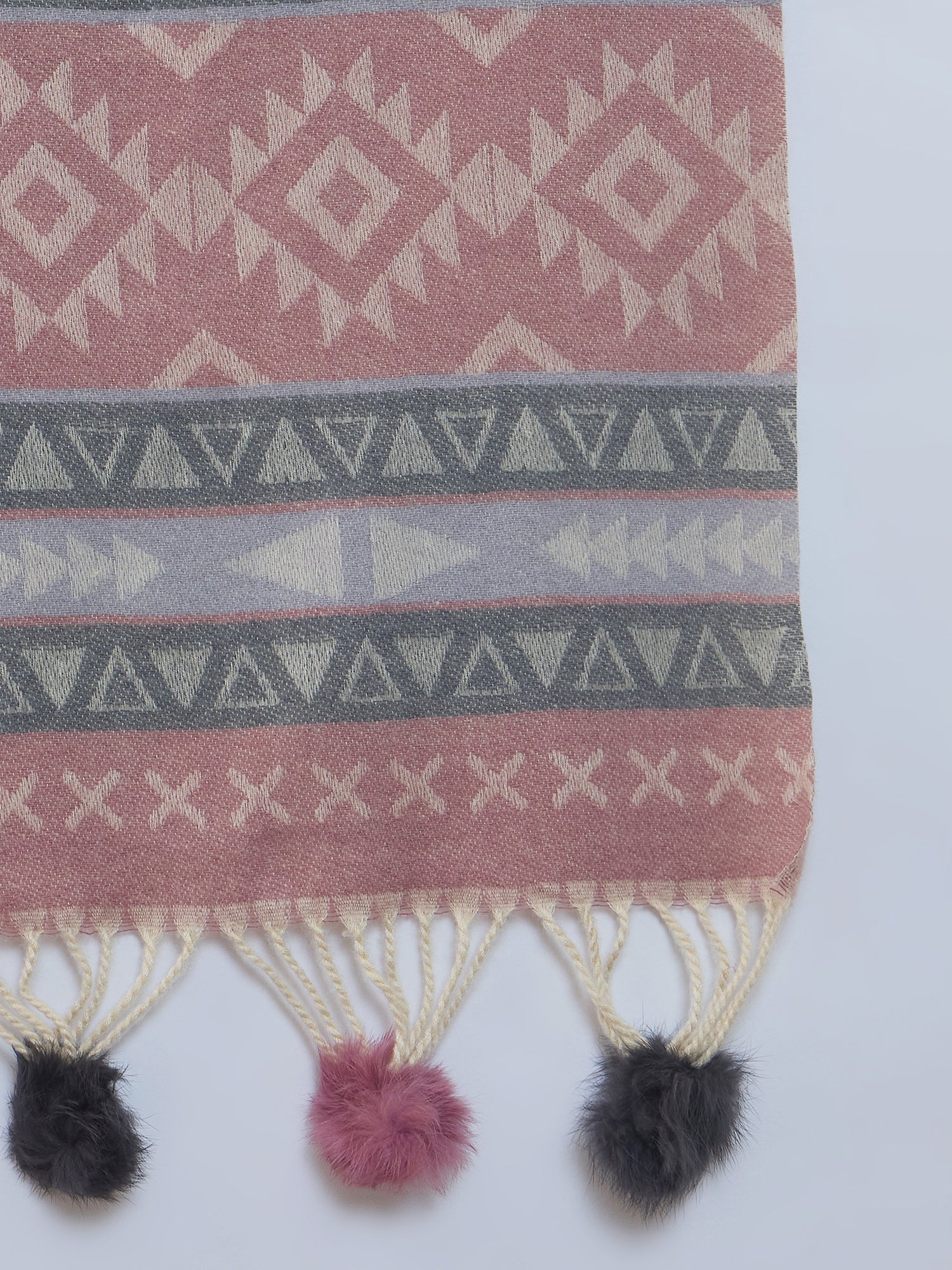 Pink Grey Fur Tassel Shawl