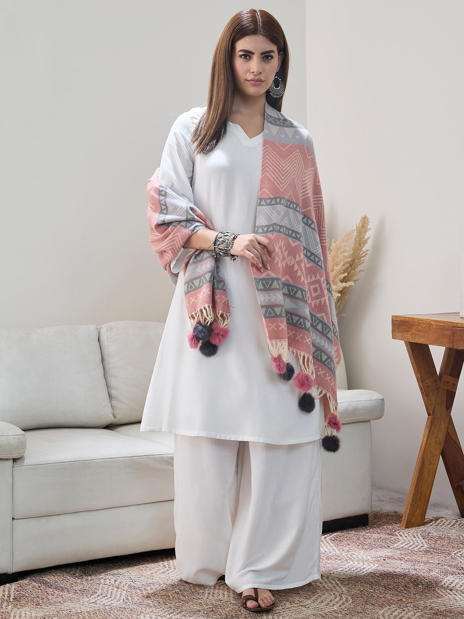 Pink Grey Fur Tassel Shawl