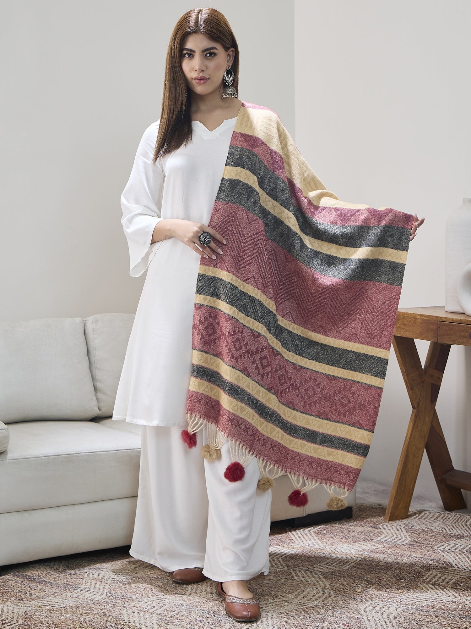 Maroon Beige Fur Tassel Shawl