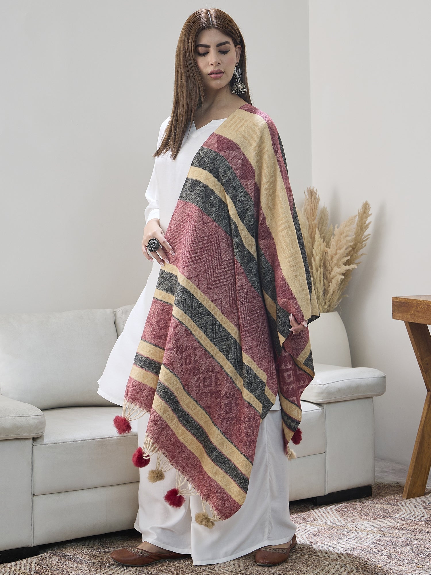 Maroon Beige Fur Tassel Shawl