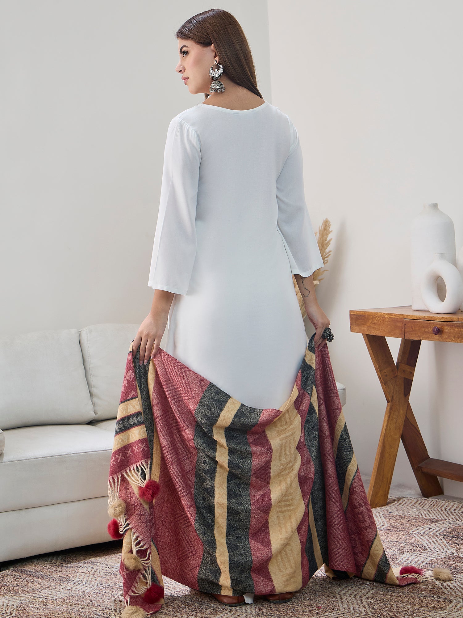 Maroon Beige Fur Tassel Shawl