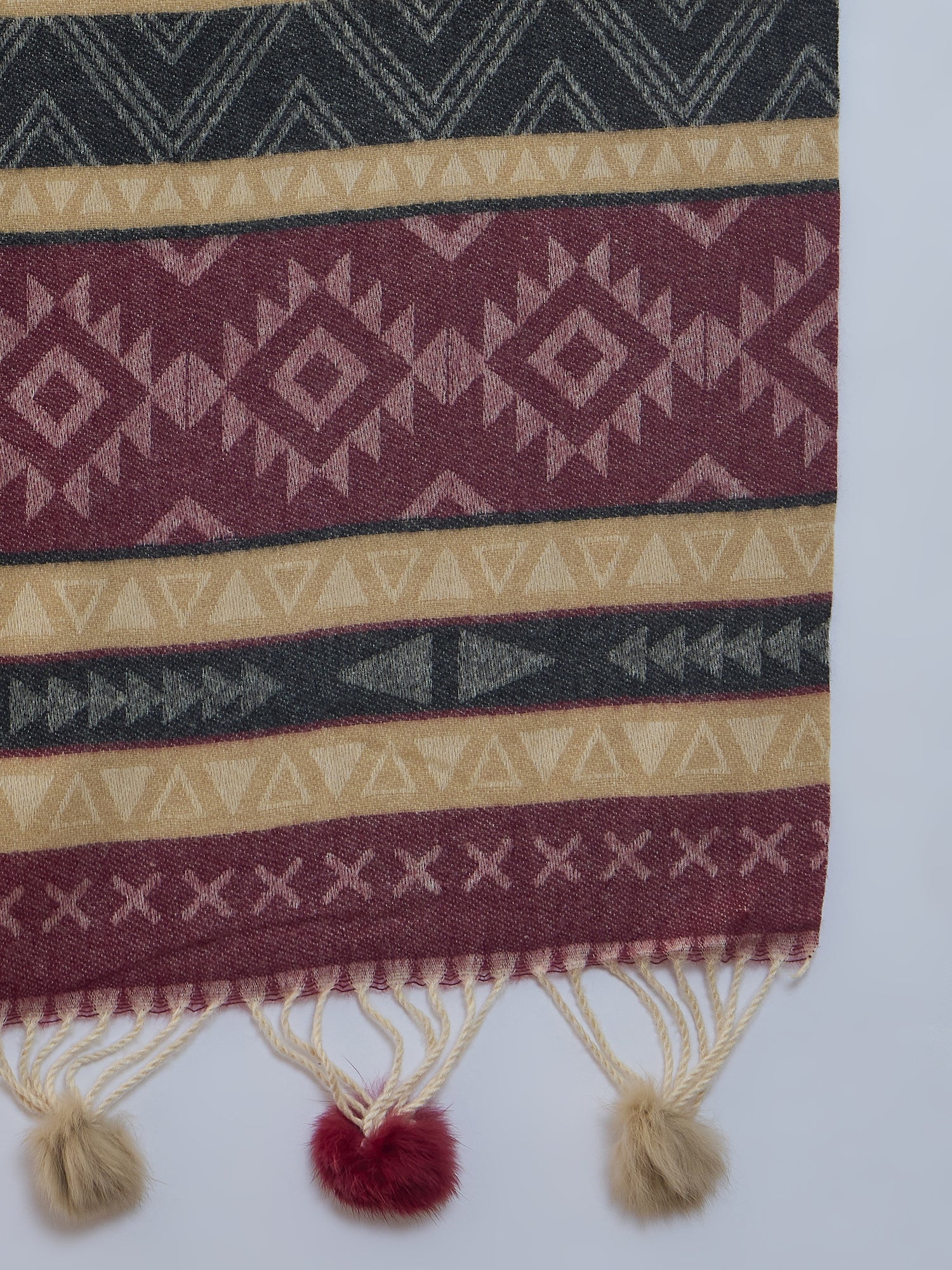 Maroon Beige Fur Tassel Shawl