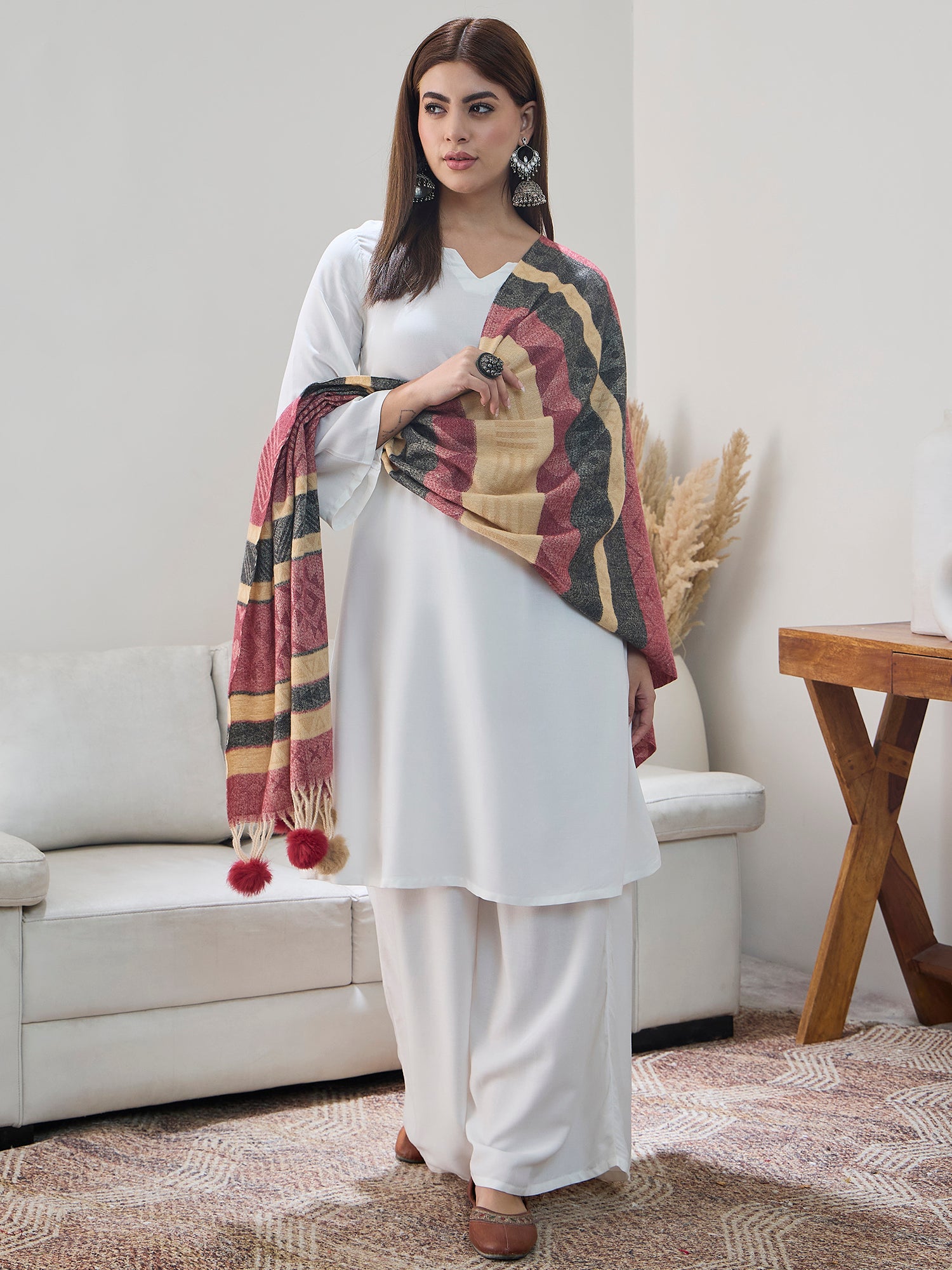 Maroon Beige Fur Tassel Shawl