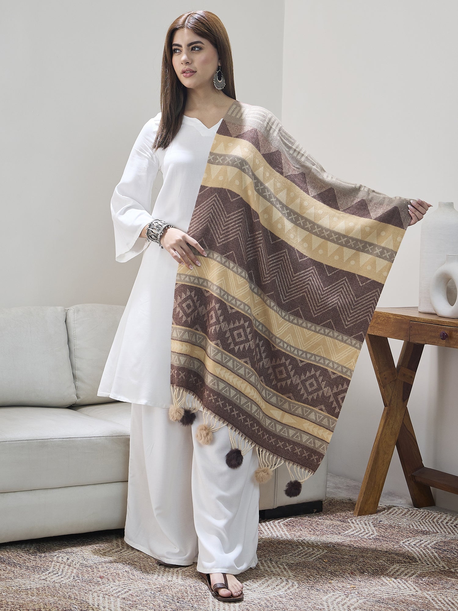 Brown Beige Fur Tassel Shawl