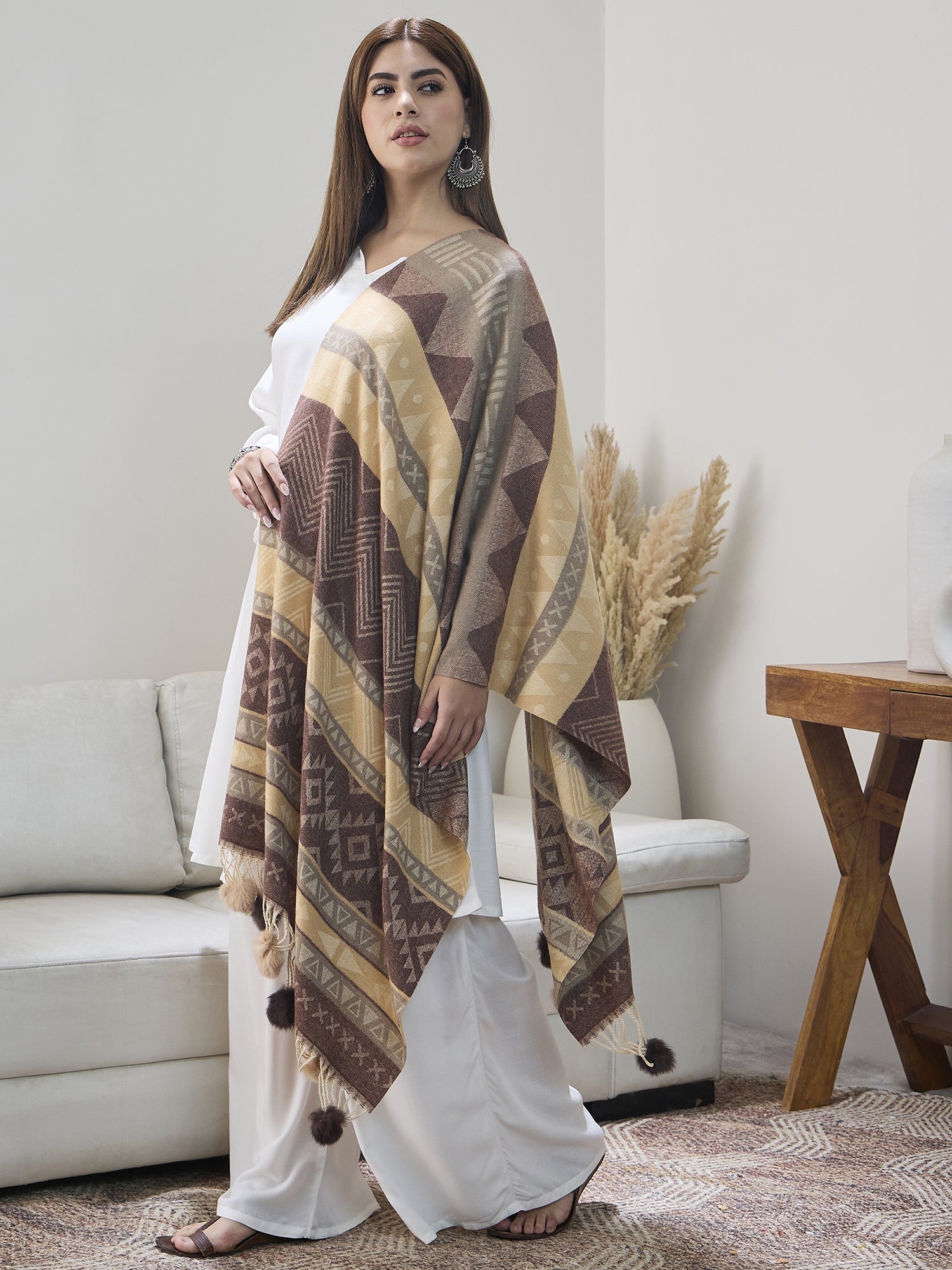 Brown Beige Fur Tassel Shawl