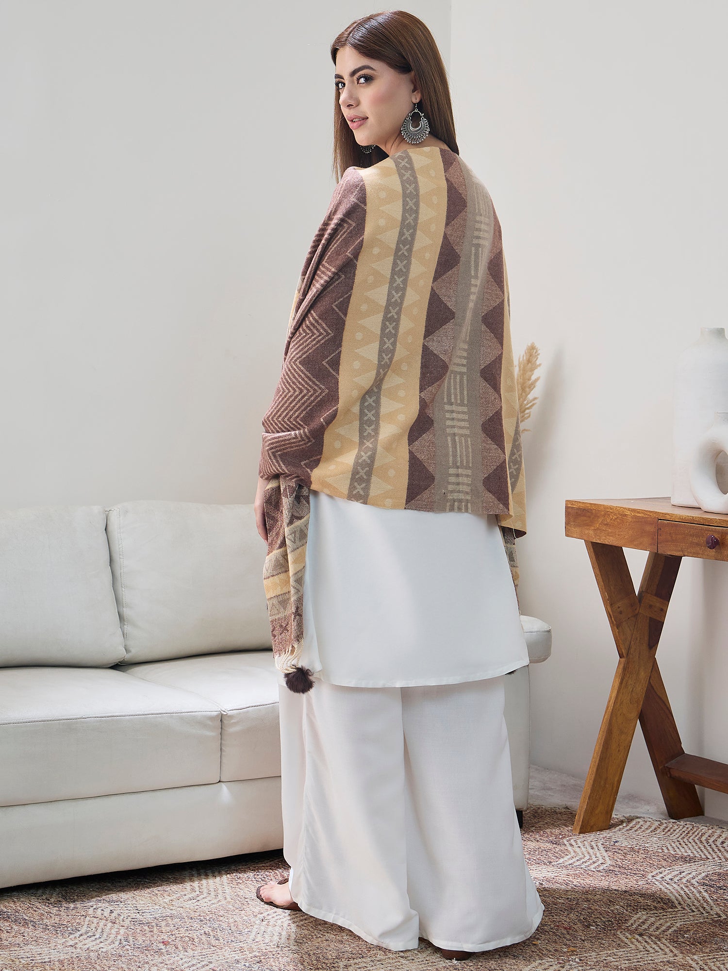 Brown Beige Fur Tassel Shawl