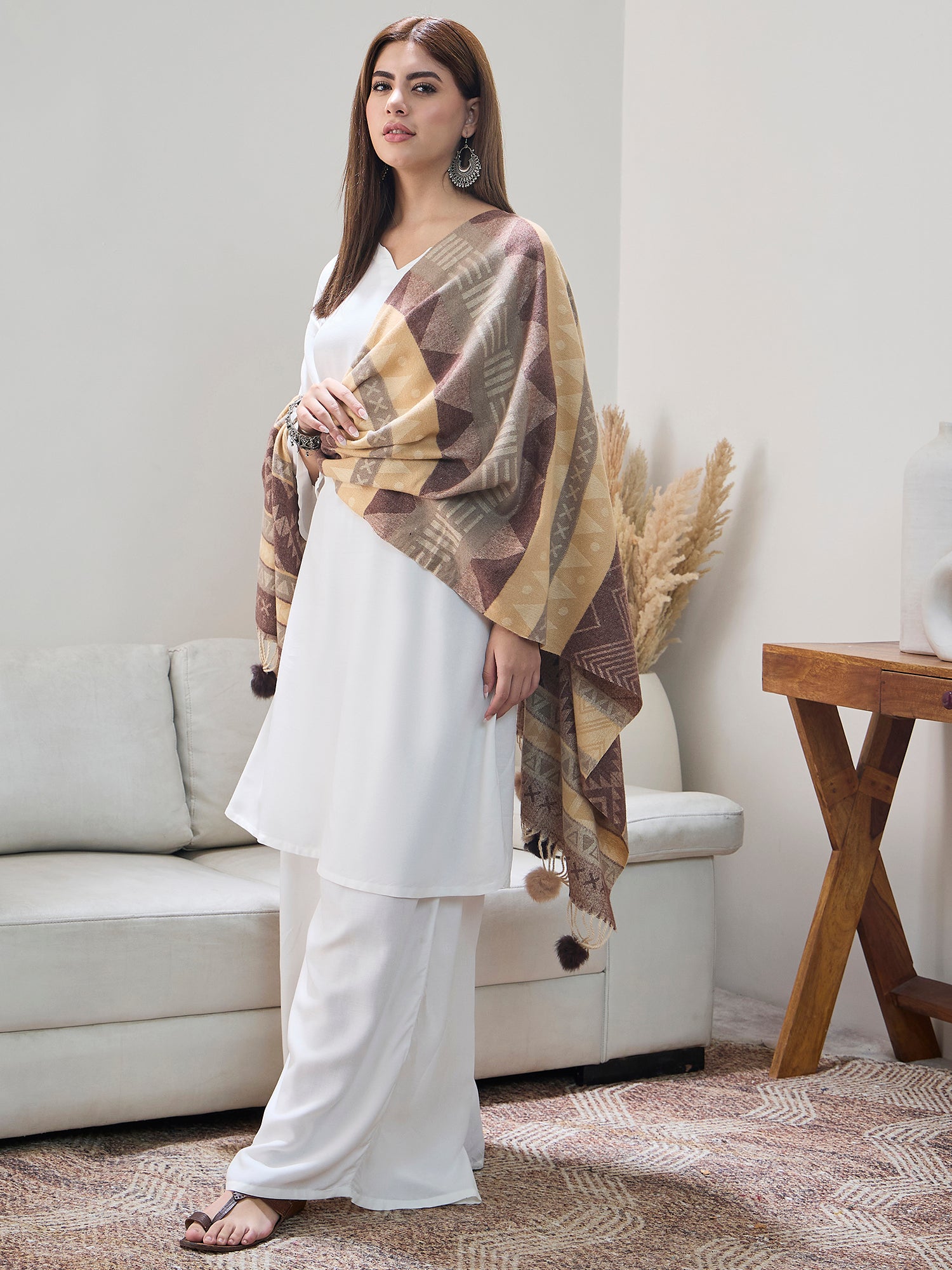 Brown Beige Fur Tassel Shawl