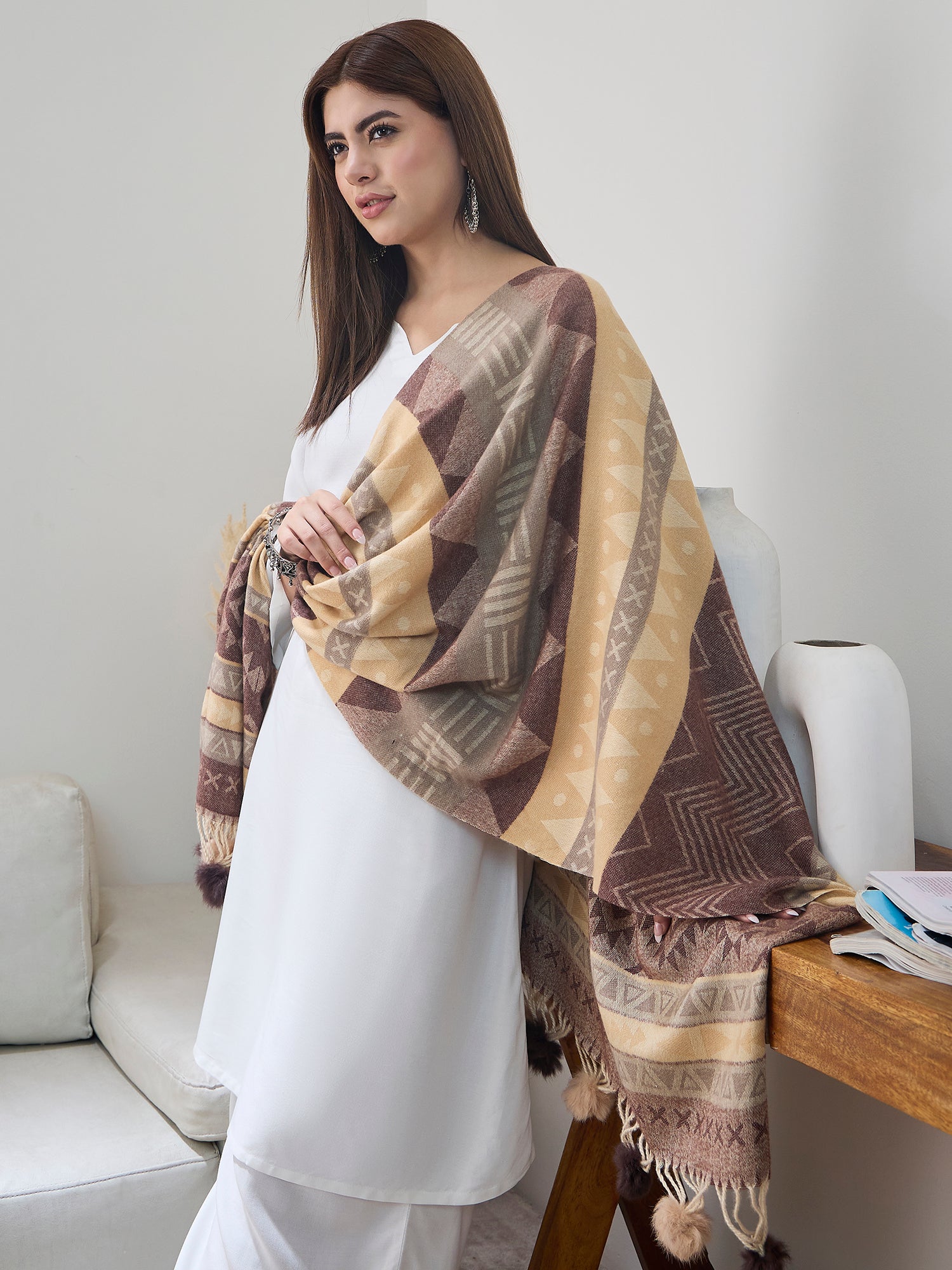 Brown Beige Fur Tassel Shawl