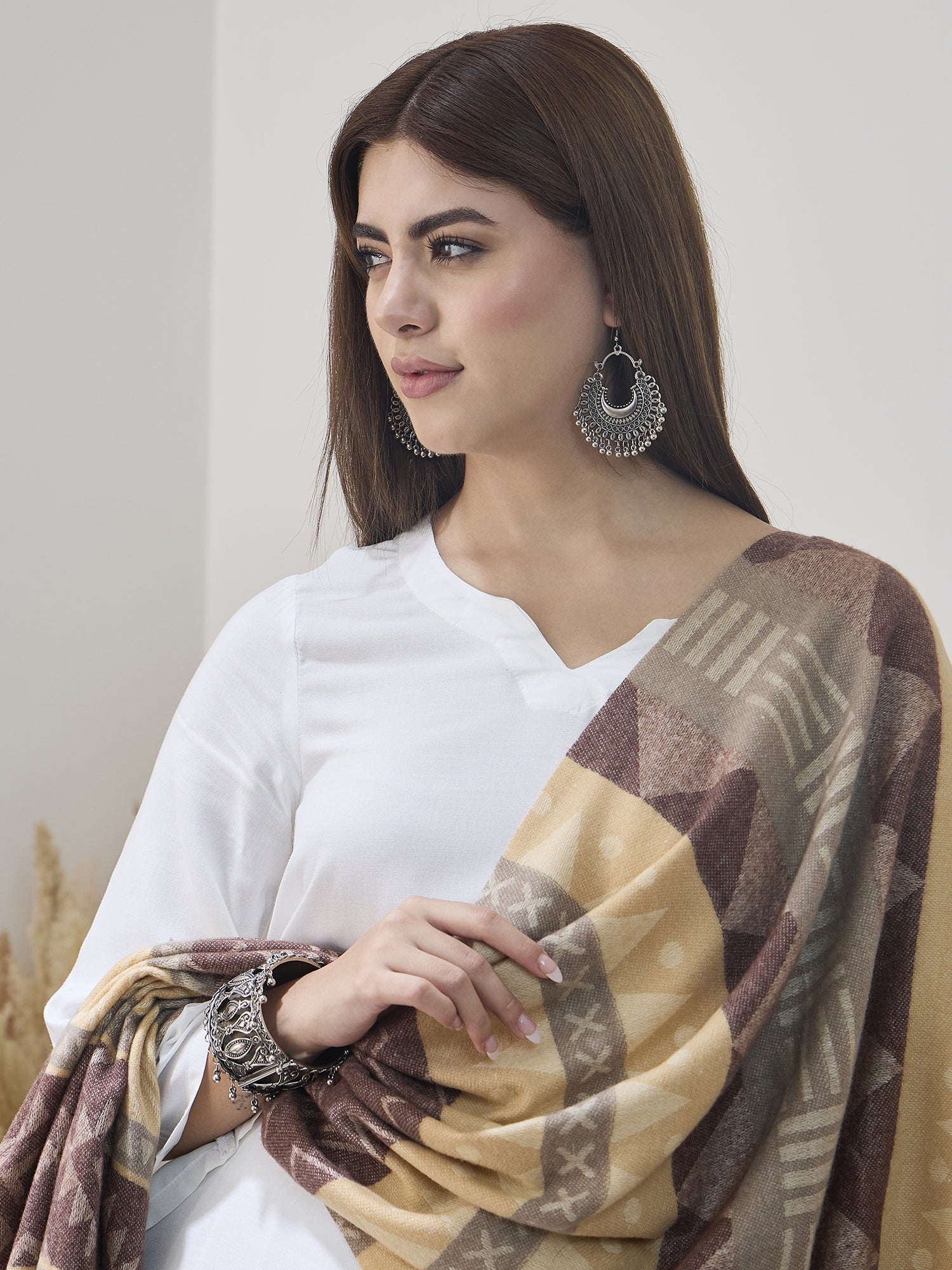 Brown Beige Fur Tassel Shawl