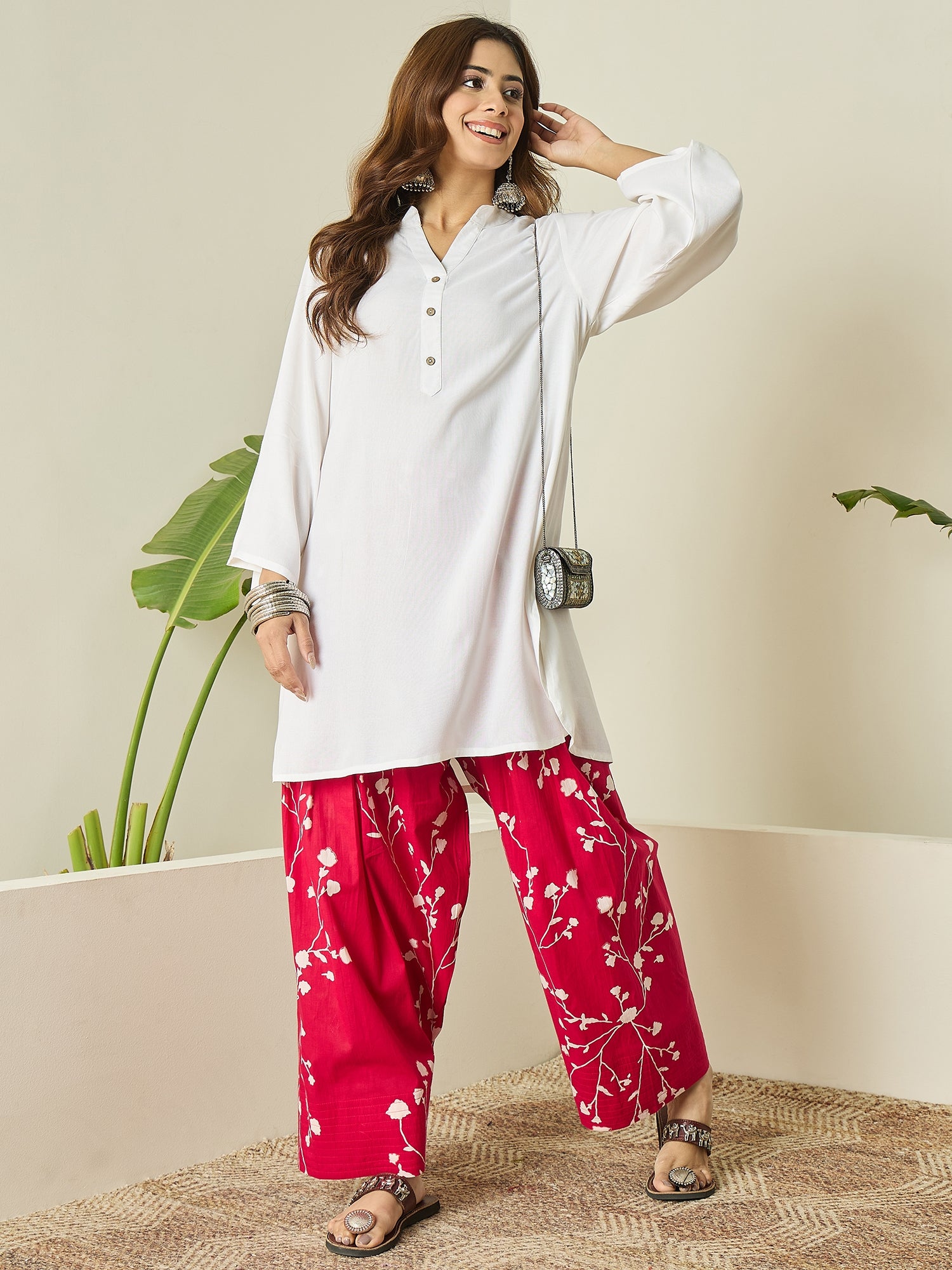 White Kurta Fuchsia Floral Salwar Set