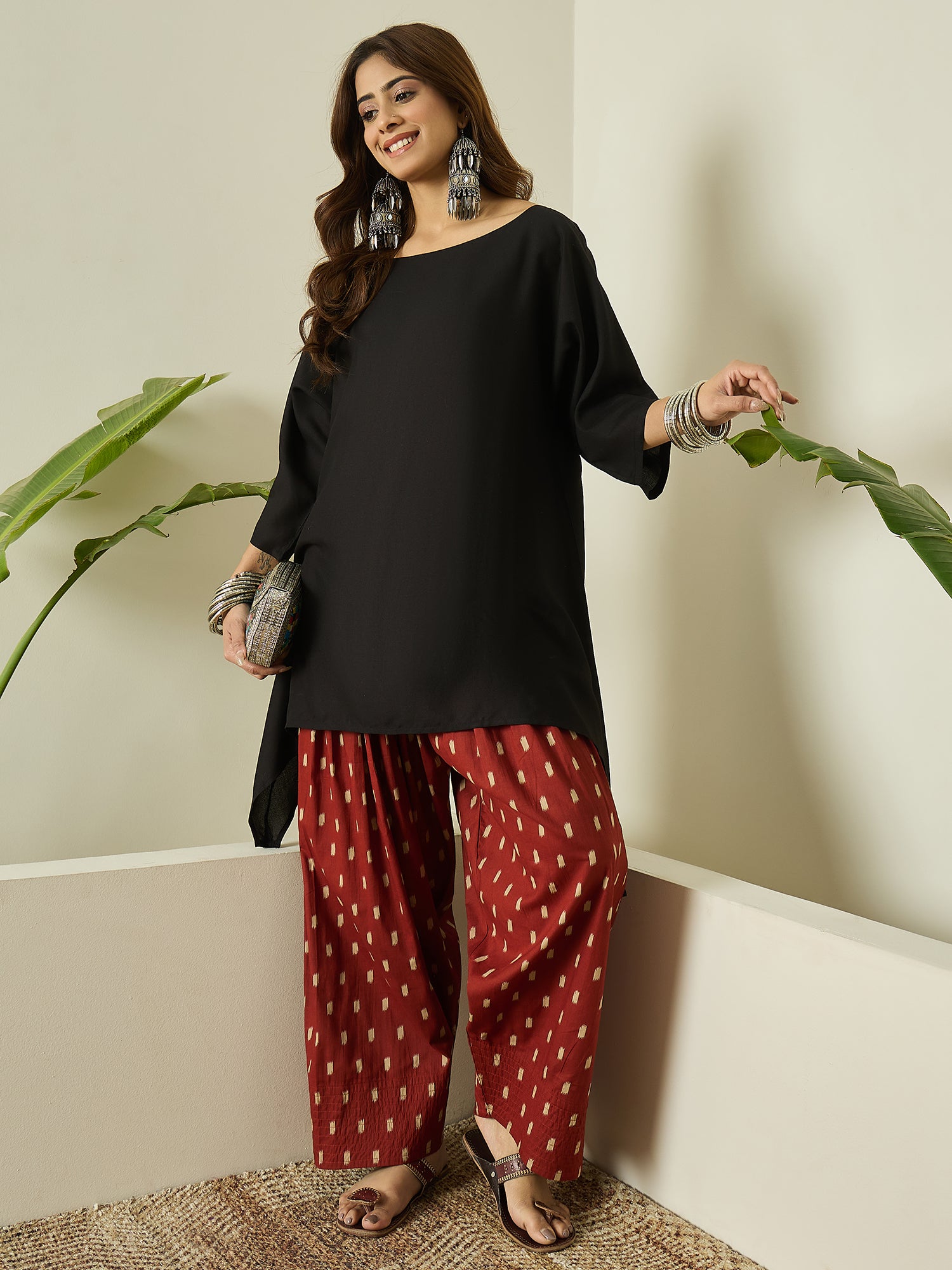 Black Boat Neck Rust Ikkat Salwar Set