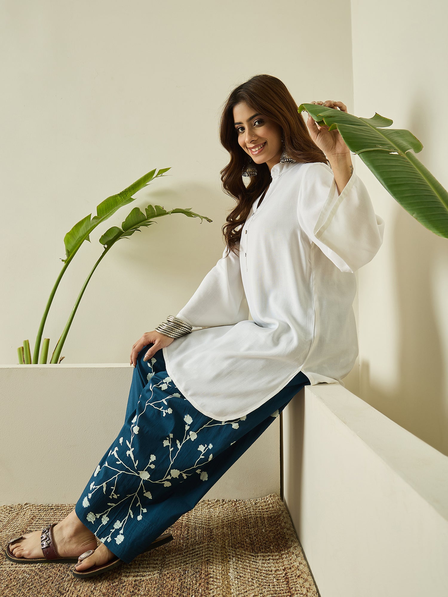 White Kurta Navy Floral Salwar Set