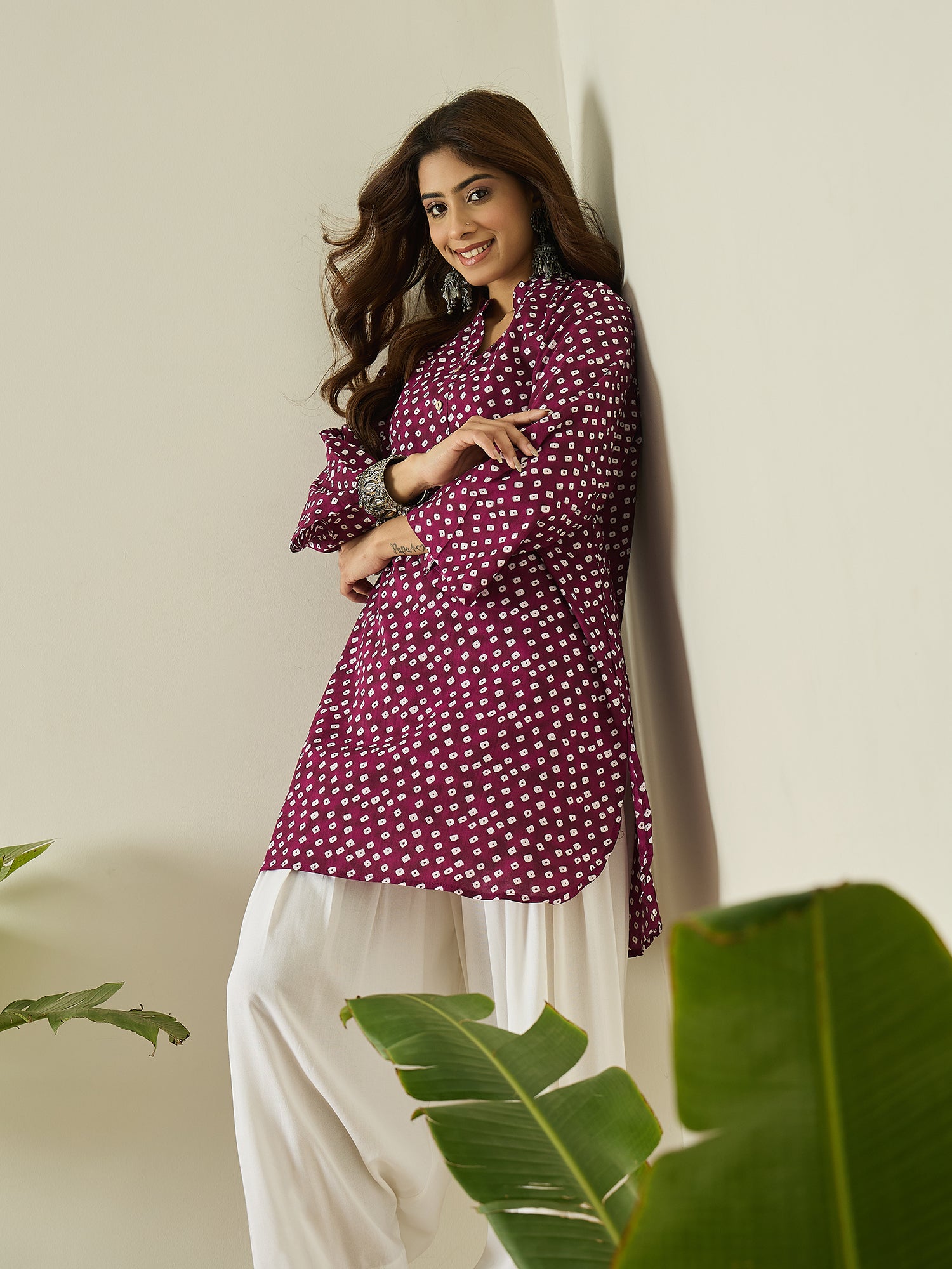 Wine White Dot Kurta White Salwar Set