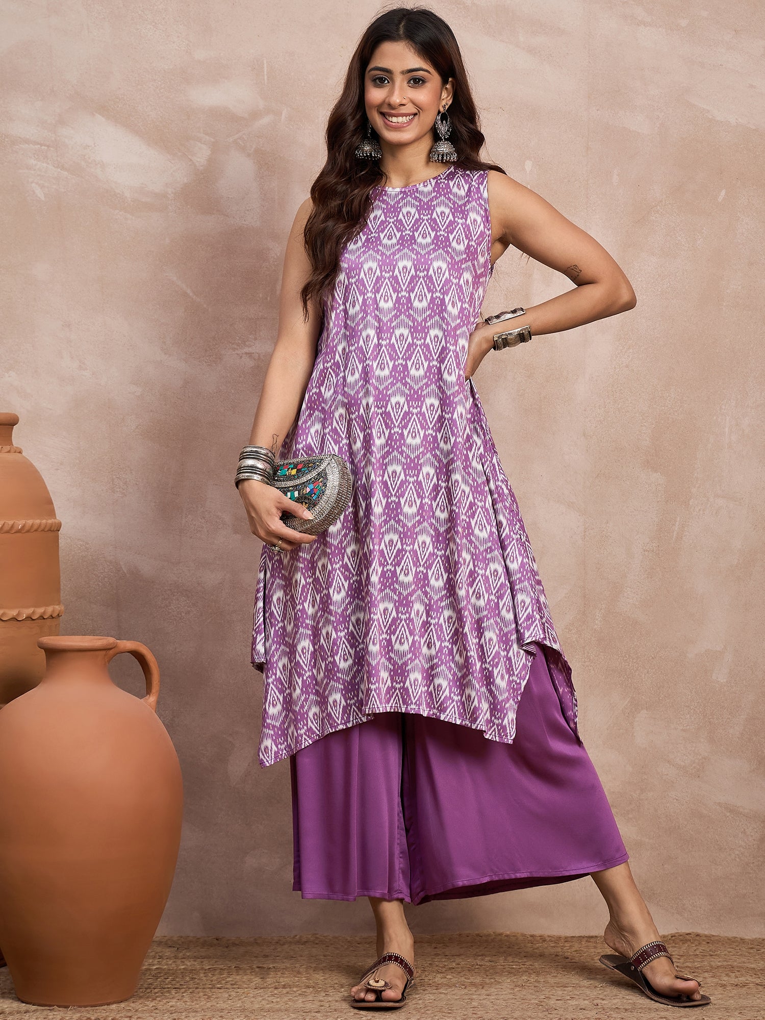 Dark Mauve Foil Kurta Palazzo Set