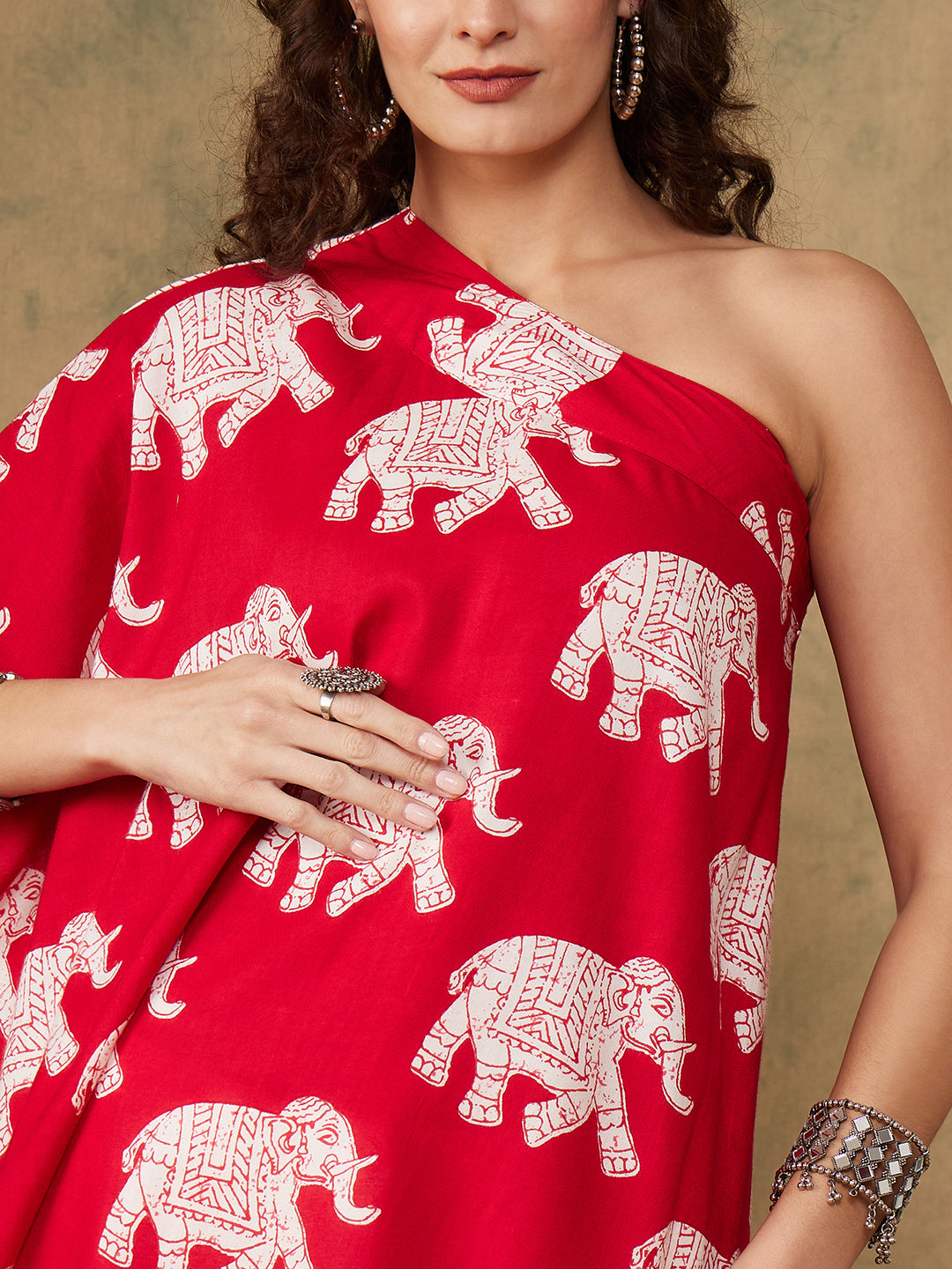 Red Elephant Print Oneshoulder Top