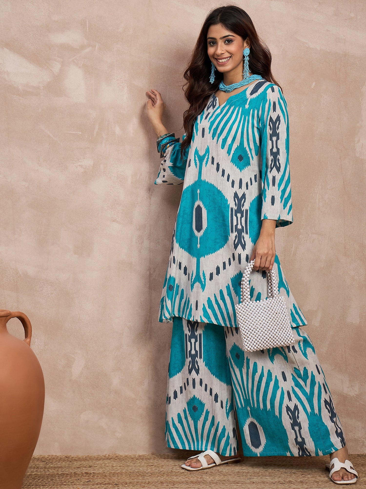 Sky Blue Ikkat Print Long Sleeve Kurta Set