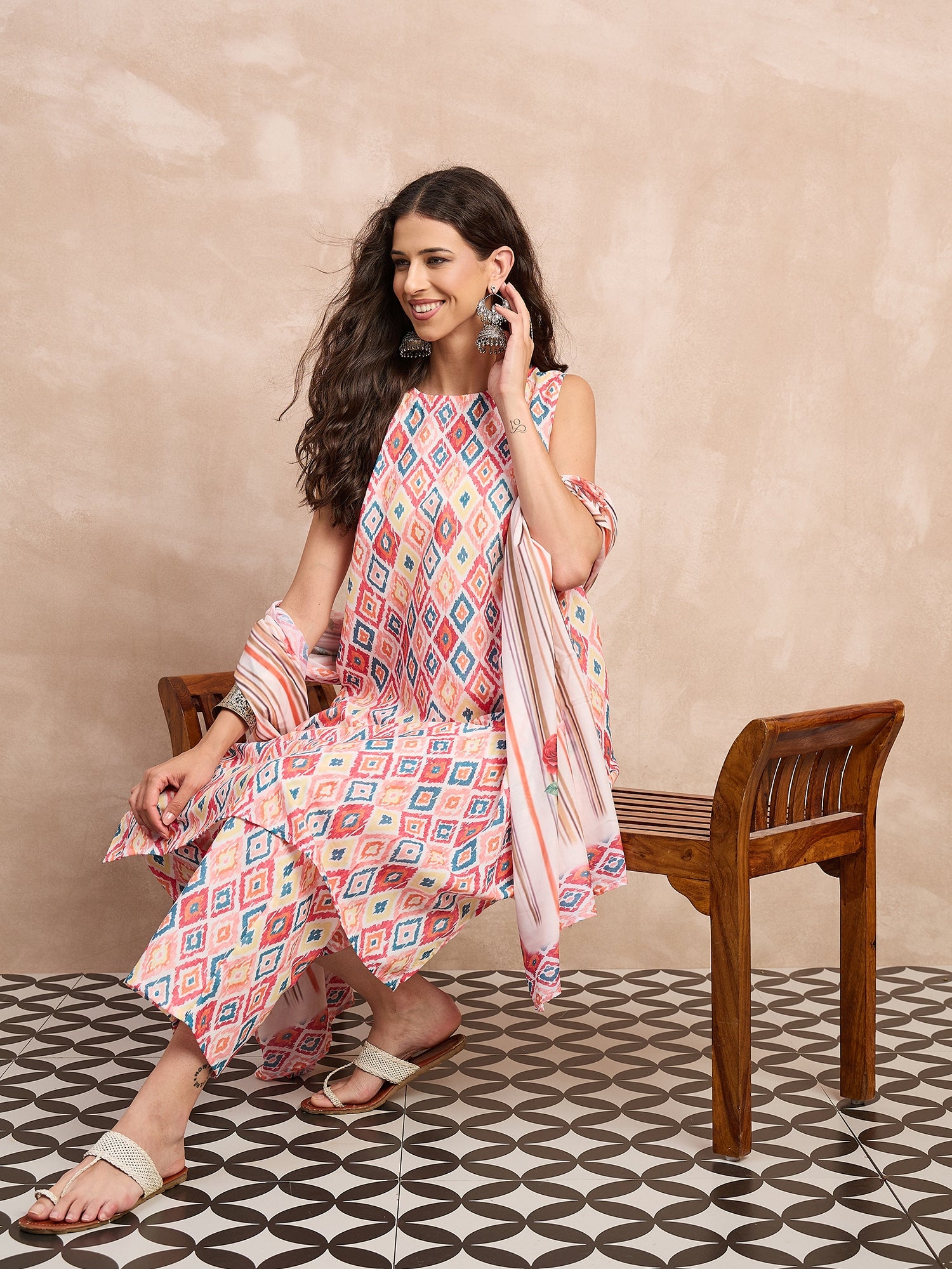 Multi Ikkat Print Kurta Set With Dupatta
