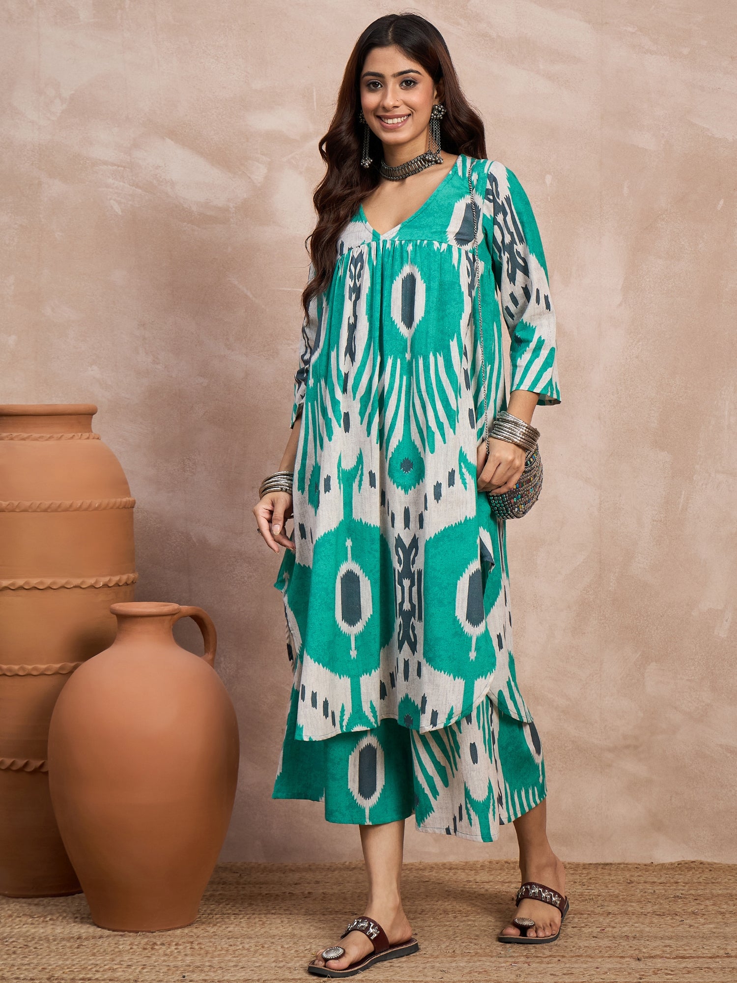 Sea Green White Ikkat Print V Neck Kurta Set